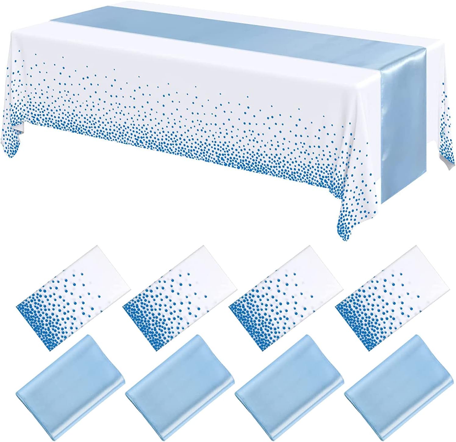8 Pack Light Blue Disposable Plastic Tablecloths and Satin Table Runner 54 x 108 Inch Table