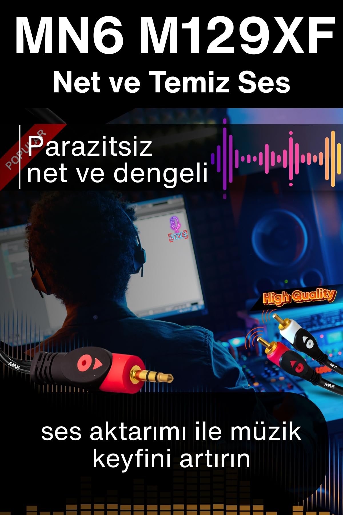 MN6 M129XF Rca kablosu/1.5 Metre-A+Kalite-3.5mm/Aux ses kablosu-2rca Ses kablosu-Ses Sistemi uyumlu (150, Santimetre)