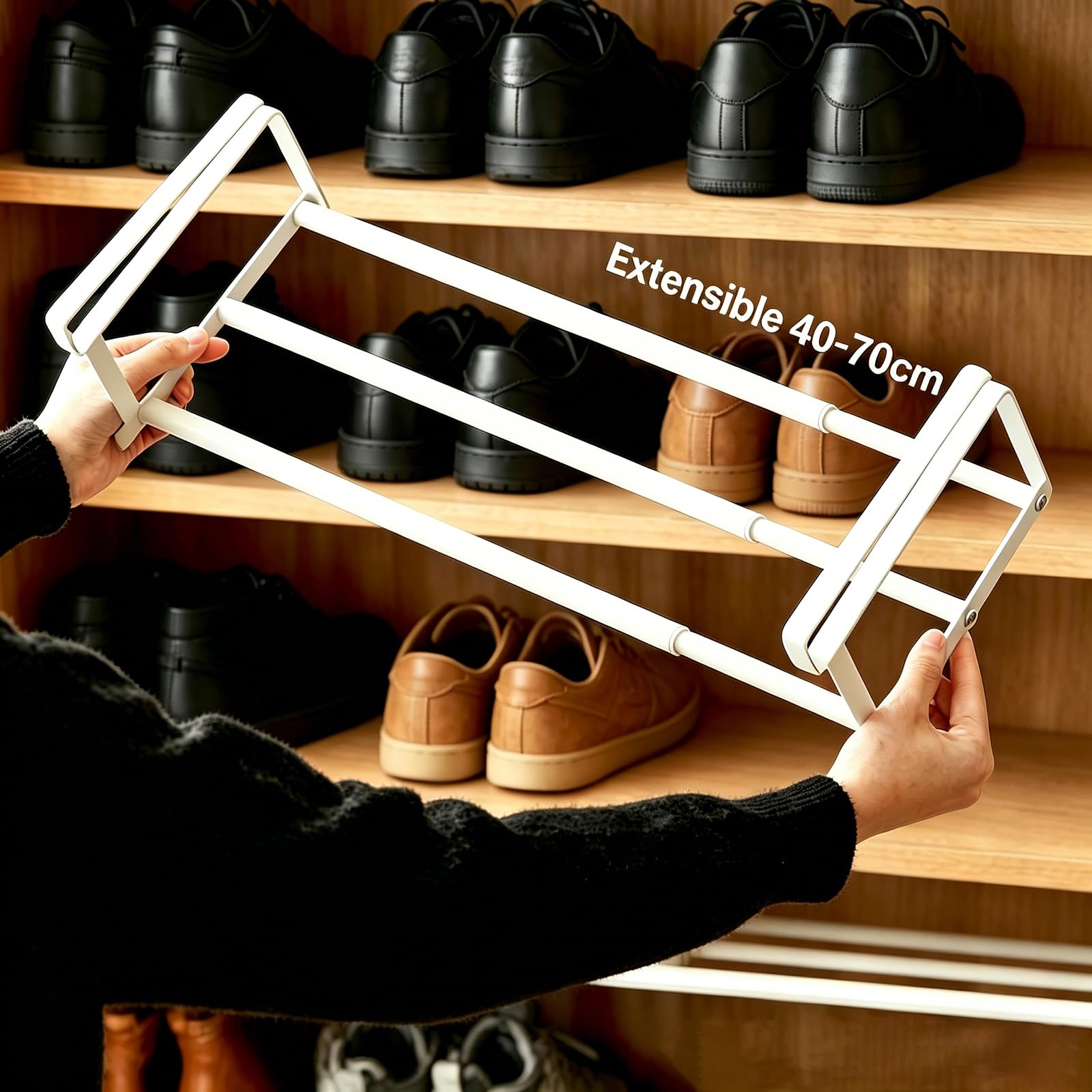2 Pezzi Scarpiera Appendibile Per Armadio, Retrattile 40-70 cm, Ripiani Regolabili Sotto I'armadio, Scarpiera Salvaspazio,per Porta Scarpe da Ingresso, Armadio, Cucina e Ripostiglio(Bianco)