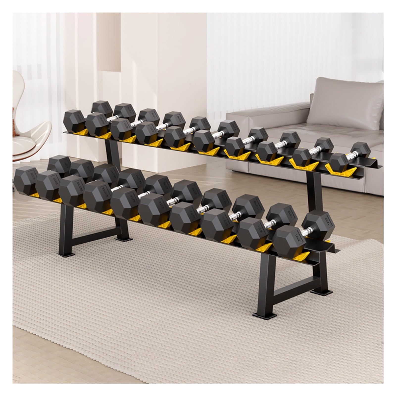 Rubber Coated Hex Dumbbell Weight Set with Anti-Slip Handle and Metal Storage Rack for Home Gym Muscle Building