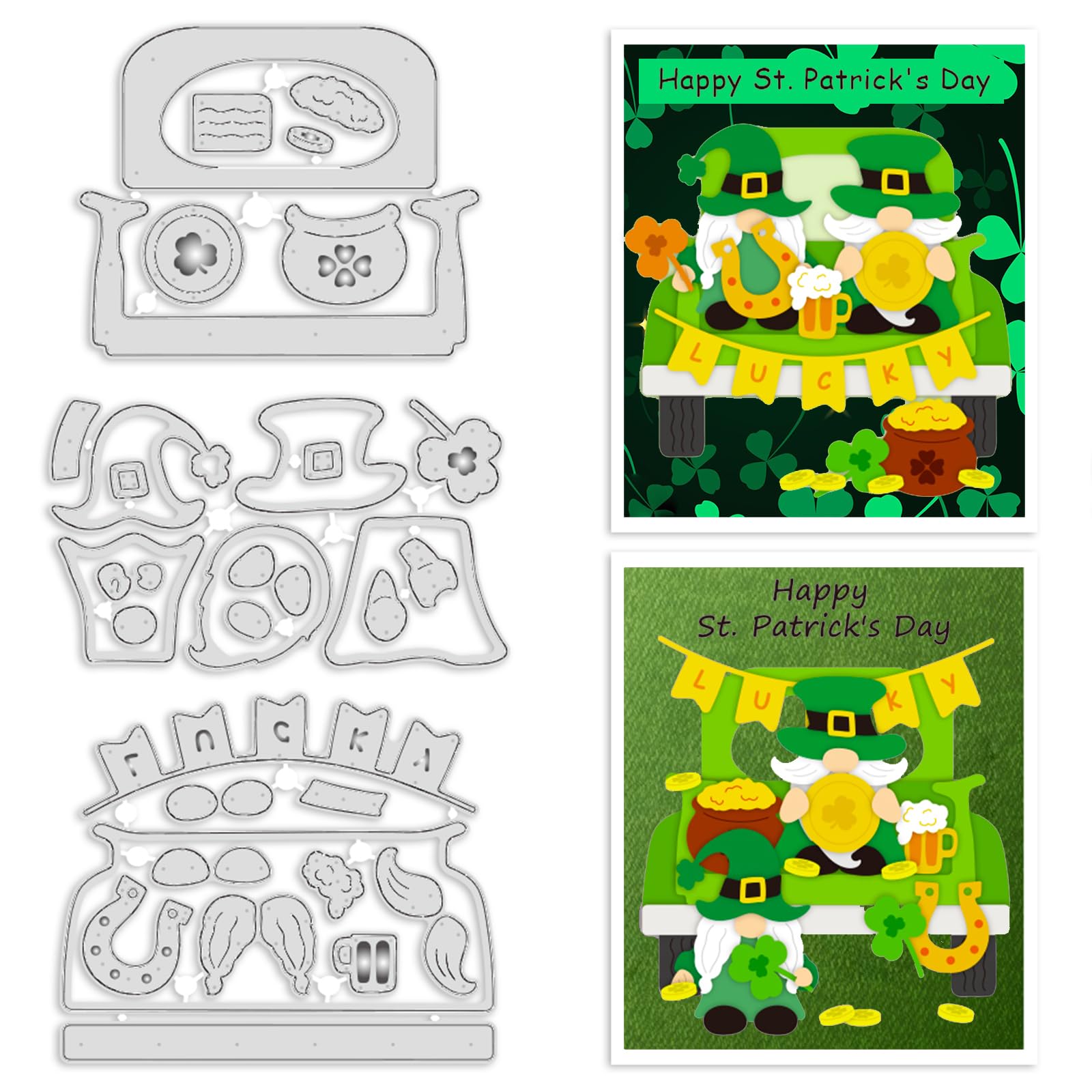 ORIGACH Saint Patrick's Day Gnome and Car Metal Cutting Dies Set Clover Die Cuts Embossing Stencils Template for DIY Scrapbooking Decorative Paper Card Making
