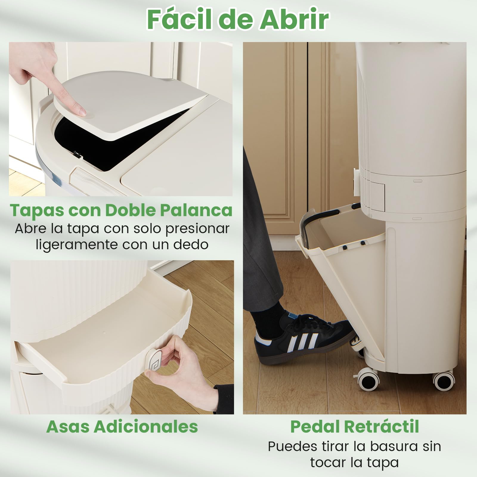 COSTWAY Cubo de Basura Cocina Reciclaje de 42L, Papelera de Reciclaje con 4 Compartimentos, 2 Cubos Extraíbles, Cajón, Pedal y Ruedas, Contenedor de Residuos para Cocina, 43 x 29 x 82.5 cm (Beige)