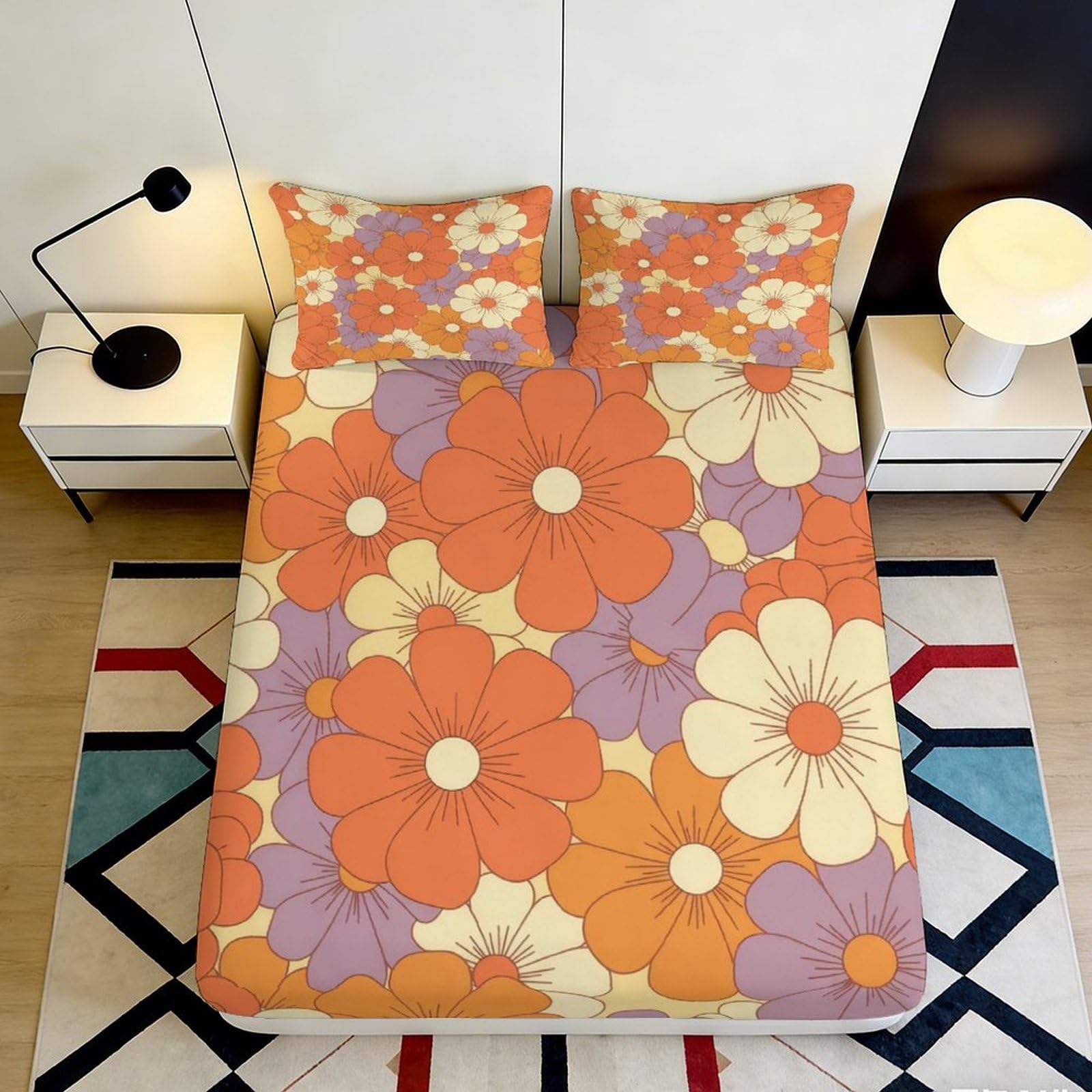 3D Printed Orange Retro Floral Fitted Sheet Microfiber Breathable Purple Daisy Mattress Cover Bedroom Dorm Protector 140x200x25cm