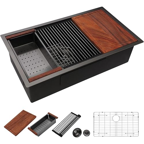 Dcolora 33"x19" Gunmetal Black Undermount Kitchen Sink Workstation