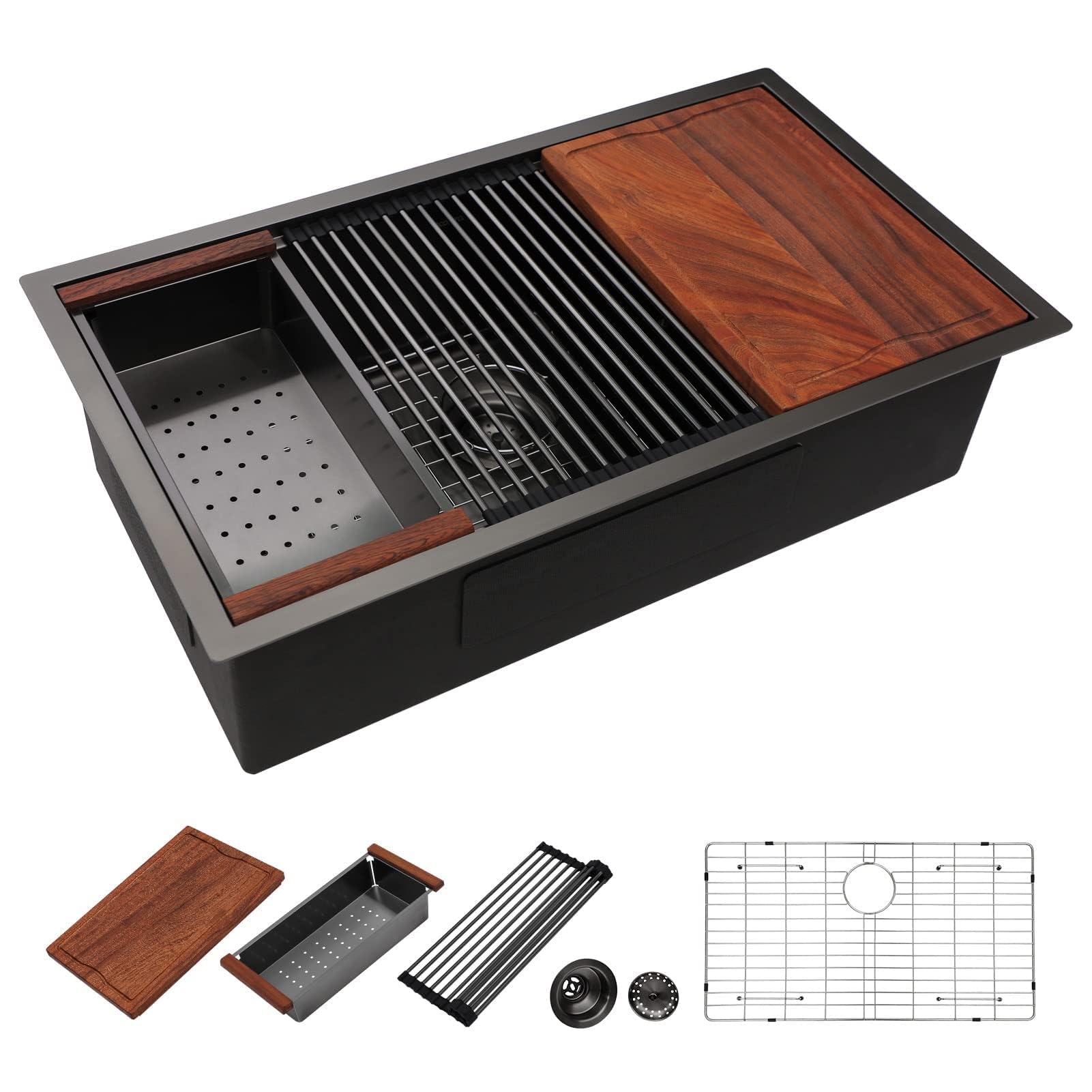 Dcolora 33" Black Undermount Kitchen Sink Workstation NANO-PVD Kitchen Sinks with Ledge Round Corner 16 Gauge Stainless Steel Single Bowl Basin, Gunmetal Black 33"x19’x10", DC-U7706