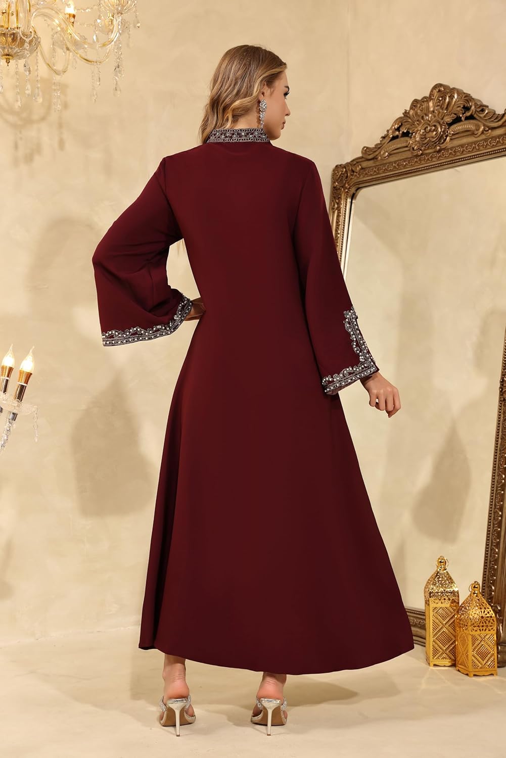 Kaftan Dresses for Women V-Neck Embroidery Long Sleeve Muslim Dress Casual and Fashion