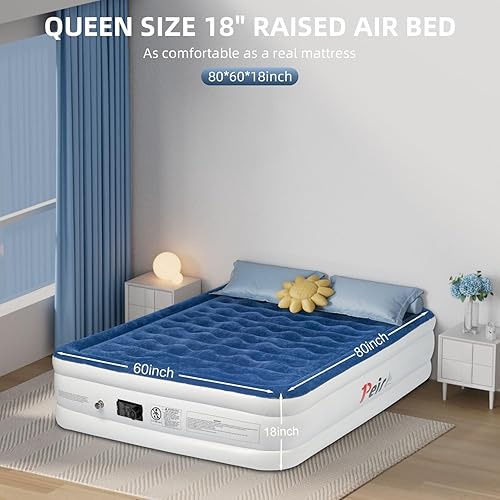 Miniatura 5 de Colchón de aire tamaño Queen con bomba integrada, colchón inflable de 18 pulgadas rápido autoinflabledesinflado en 3 minutos, colchón inflable, cama