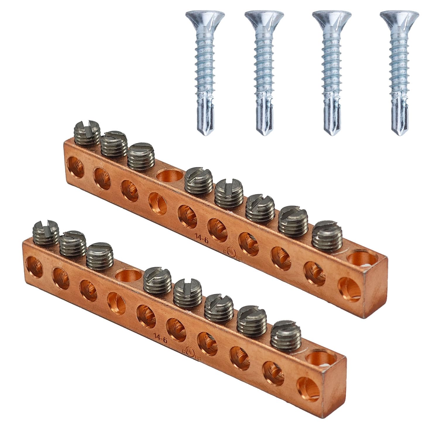 UL Certified Ground Bar Kit, Max Wire Dia 4 AWG，Copper Clad Aluminum Mechanical Lugs with Self Tapping Dovetail Screws (8 Terminal Position, 10pc)