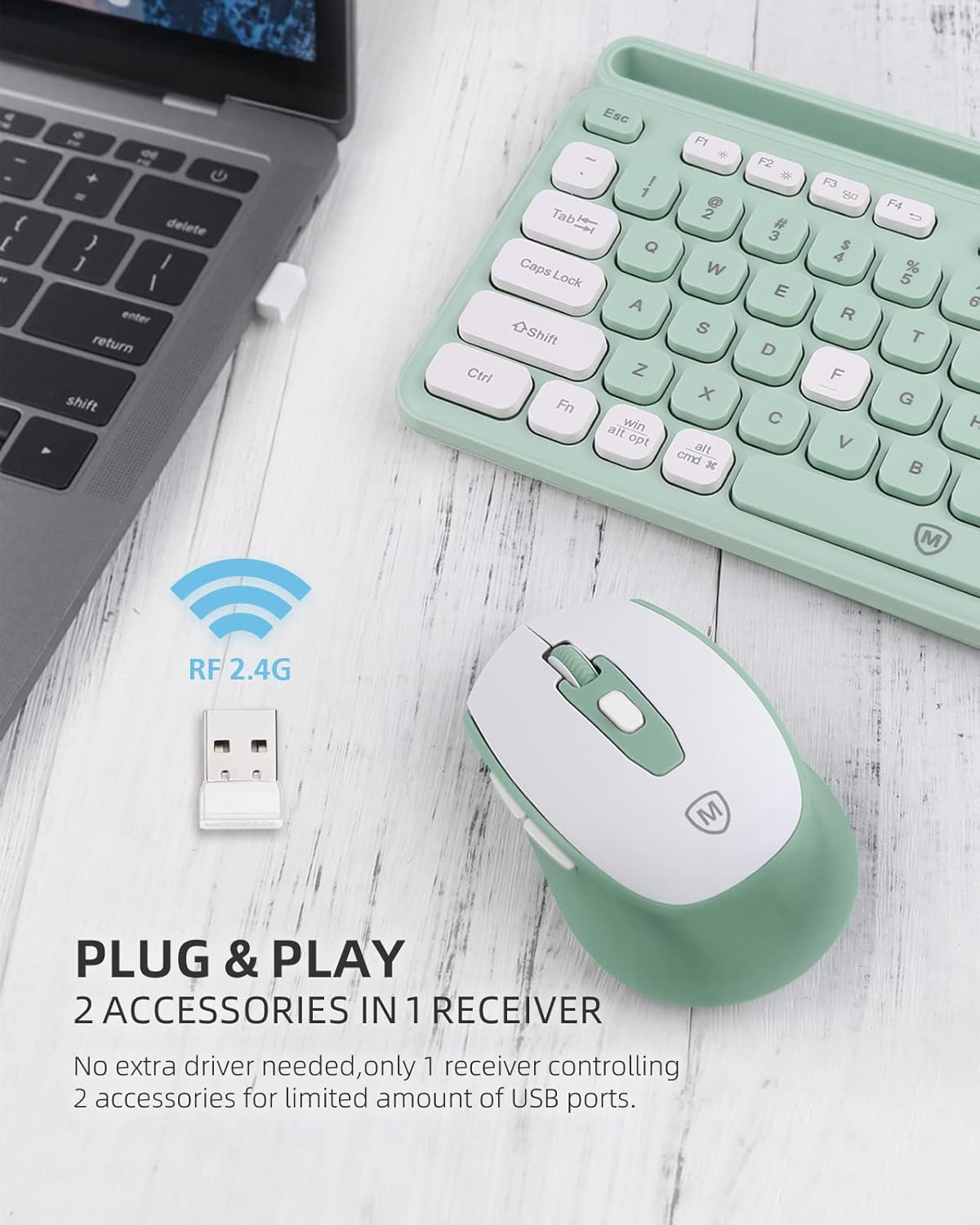 Wireless Keyboard and Mouse Combo for Windows & Mac OS, Full-Size Keyboard and Mouse Colorful with USB Receiver&Phone Cradle for Laptop Computer MacBook, Green