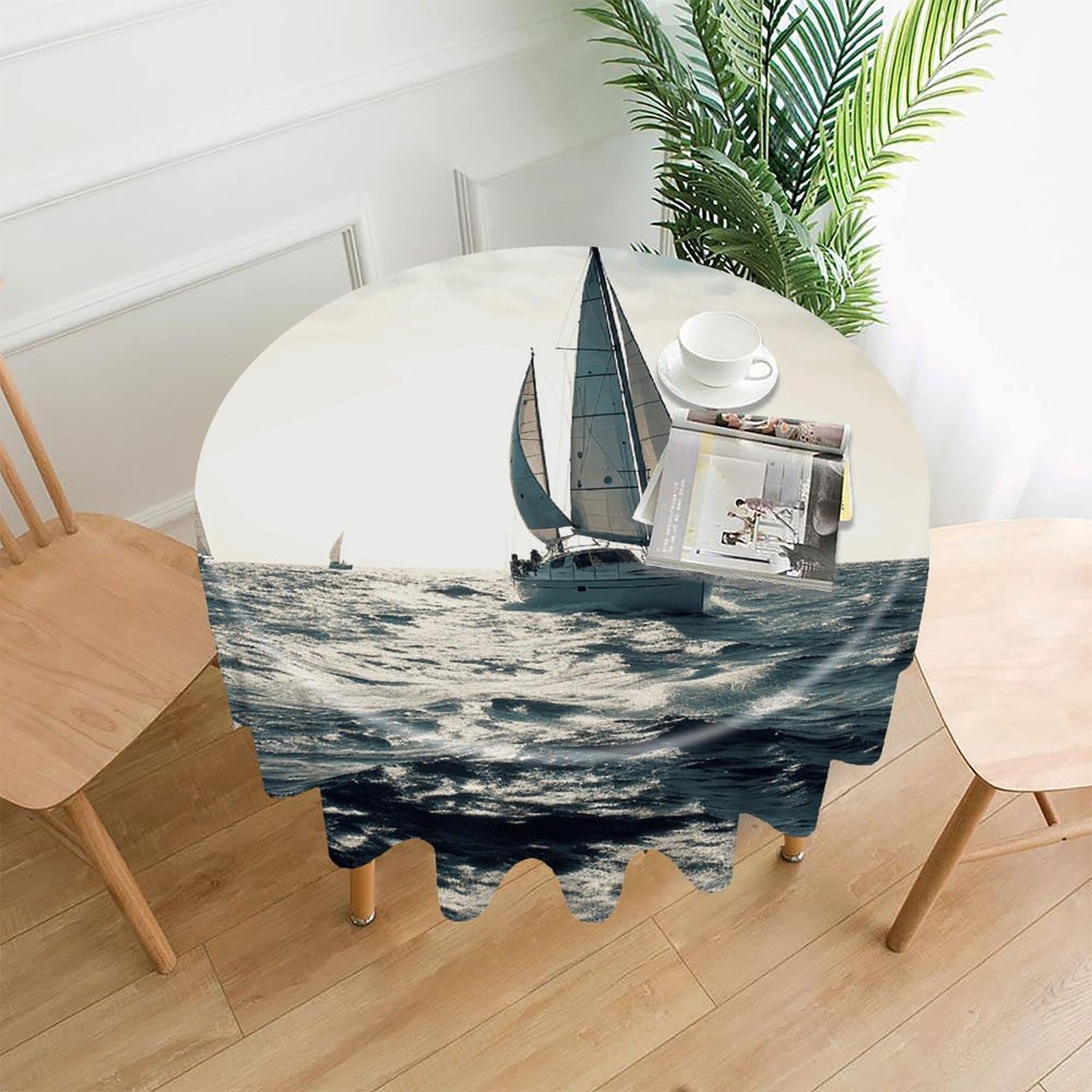 VstaDank Ocean Sailing Tablecloth Easy to Clean Polyester Round Table Cover Washable Round Table Cloth Wrinkle-Free Circle Decoration Tablecloth for Kitchen Dining Room 60"