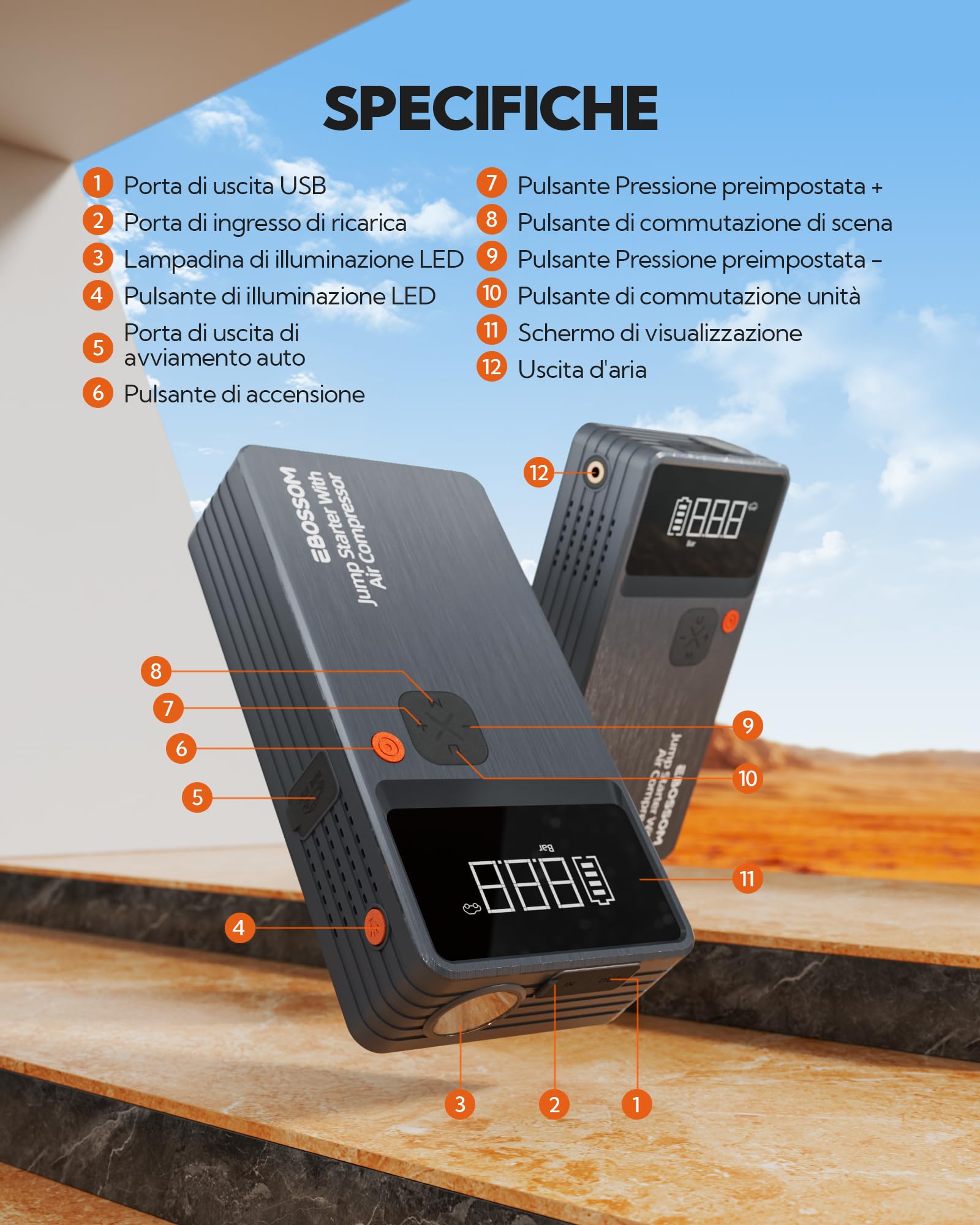 Booster Avviamento Auto,Avviatore per veicolo con Compressore Aria Portatile,44.4Wh Avviatore Batteria Macchina,Jump Starter con LED Torcia,Ricarica USB-C,7in1 Kit di Viaggio e Attrezzi di Emergenza