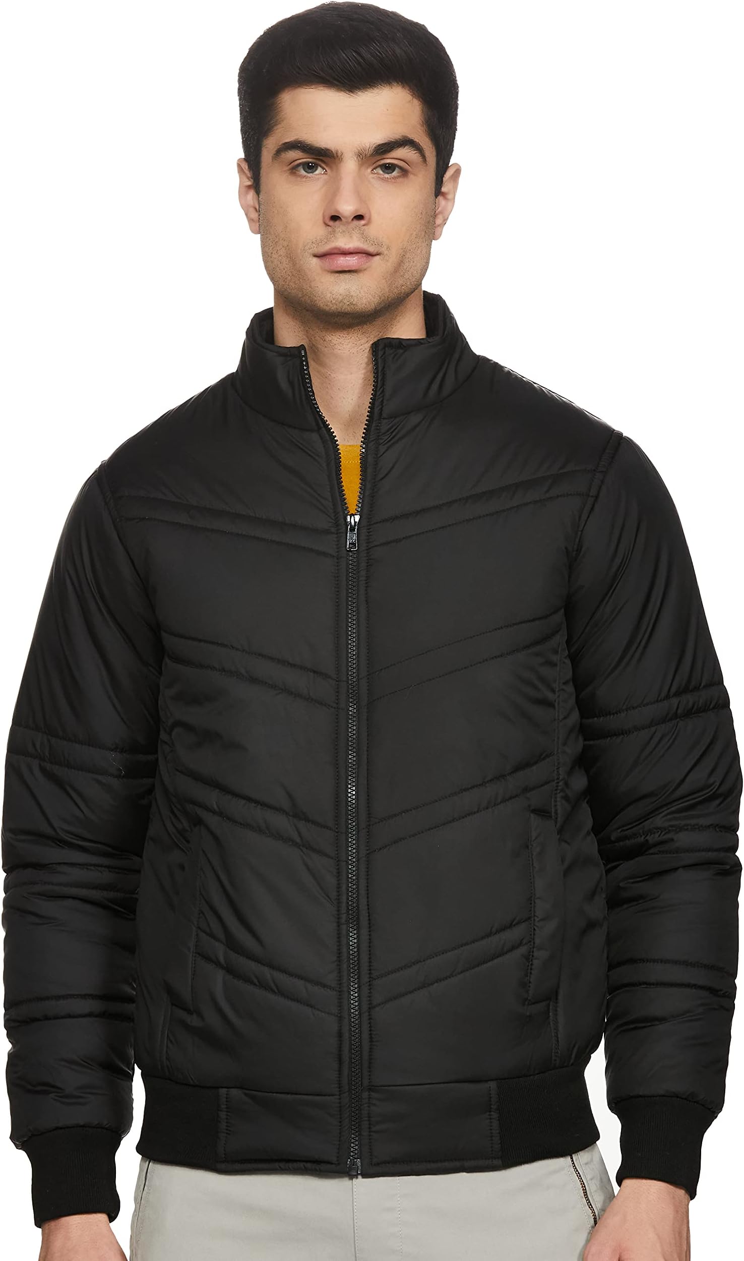 Men's nylon Standard Length Regular Fit Quilted Bomber Jacket - Winter Warm, Insulated, Ribbed Cuffs, and Stylish Design