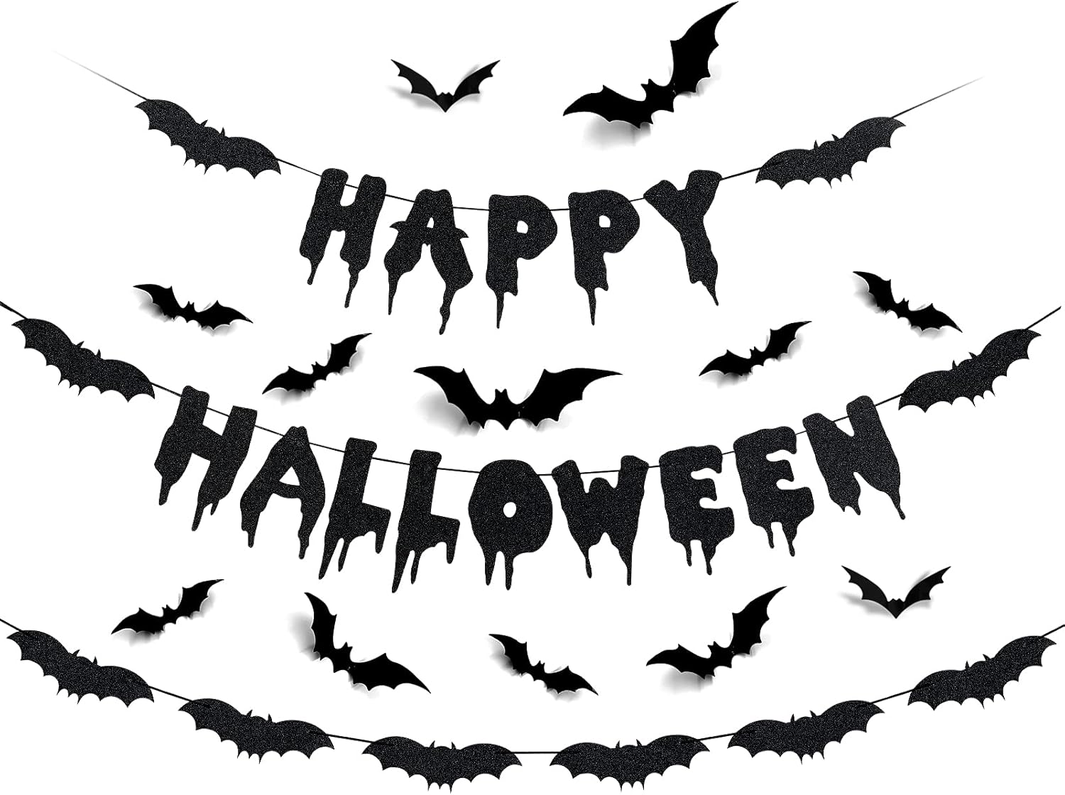 Happy Halloween Banner Bat Garland Black Glitter and 12Pcs Bat Wall Decals- Flying Bats Halloween,Halloween Party Decorations,Halloween Wall Decorations,Bat Party Decorations,Happy Halloween Decorations,Bat Decorations