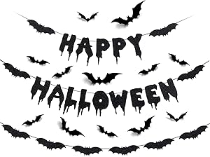 Happy Halloween Banner Bat Garland Black Glitter and 12Pcs Bat Wall Decals- Flying Bats Halloween,Halloween Party Decorations,Halloween Wall Decorations,Bat Party Decorations,Happy Halloween Decorations,Bat Decorations