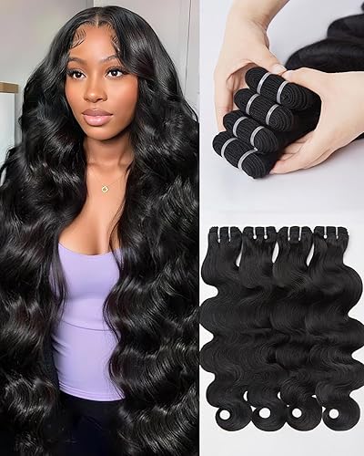 Lucklady 16A Raw Bundles Human Hair Body Wave, 4 Bundles 18 20 22 24 Inch Body Wave Bundles Human Hair, Triple Lifespan Virgin Remy hair - 18 20 22 24 - Natural Black