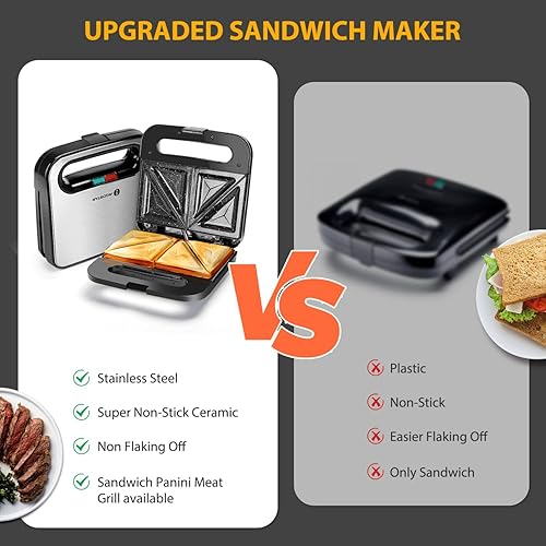 Miniatura 8 de Máquina para hacer gofres belgas y sándwiches con platos de cerámica súper antiadherentes, prensa Panini, tostadora para sándwiches, desayuno,