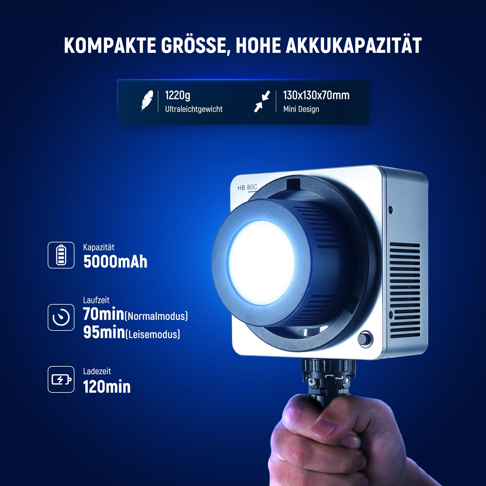 NEEWER HB80C 80W RGBWW LED Videolicht mit 72Wh Akku & 100W PD Schnellladung, Bowens Mount, 2500-7500K Farbtemperatur, 10400lx/m Helligkeit, 18 Lichteffekte für Studio, Fotografie & Videoaufnahmen