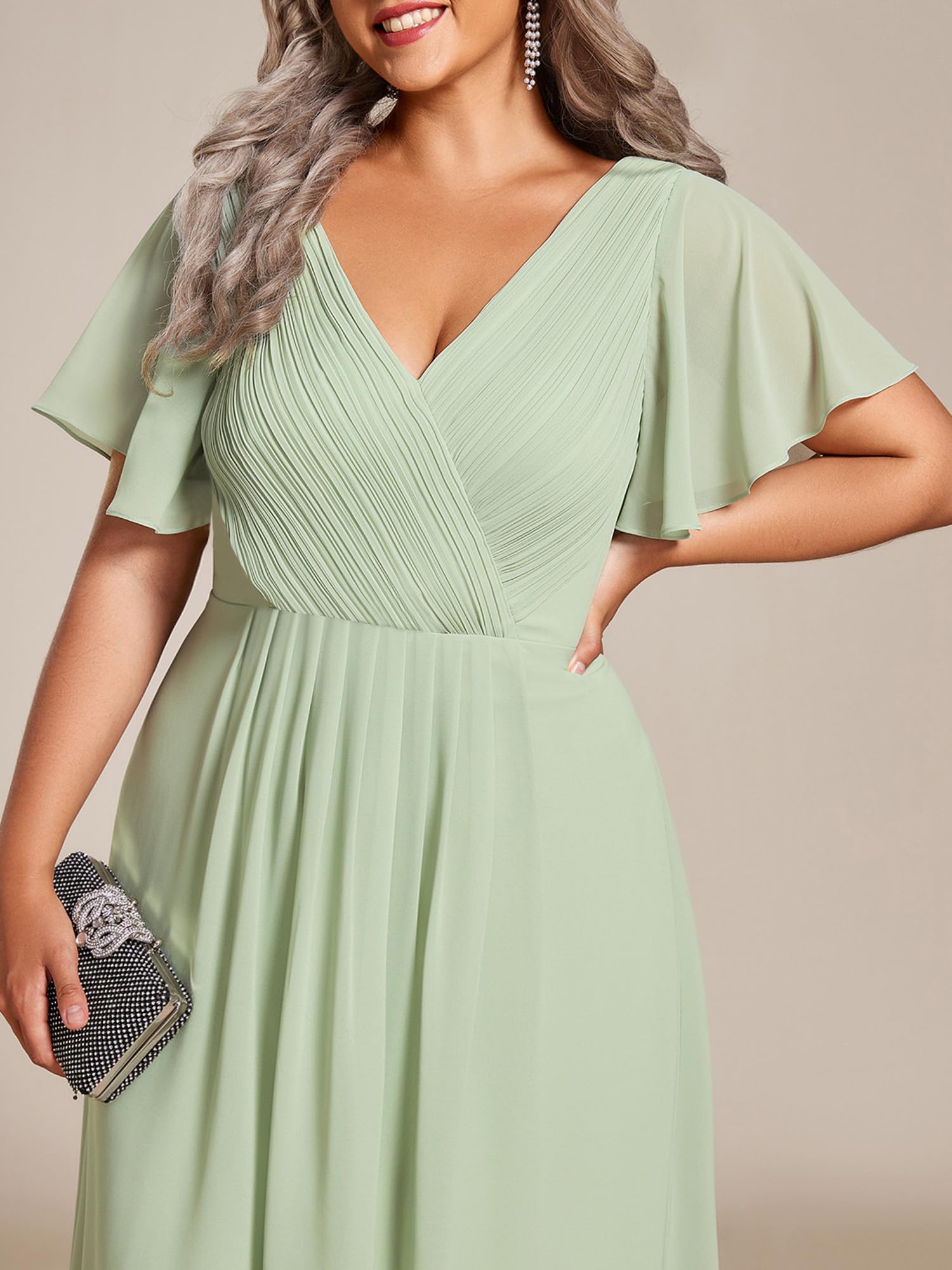 Ever-Pretty Donna Una Linea Increspato Scollo A V Maniche Corte Al Ginocchio Plus Size Wedding Guest Dress 01923-DA, Verde menta, 56