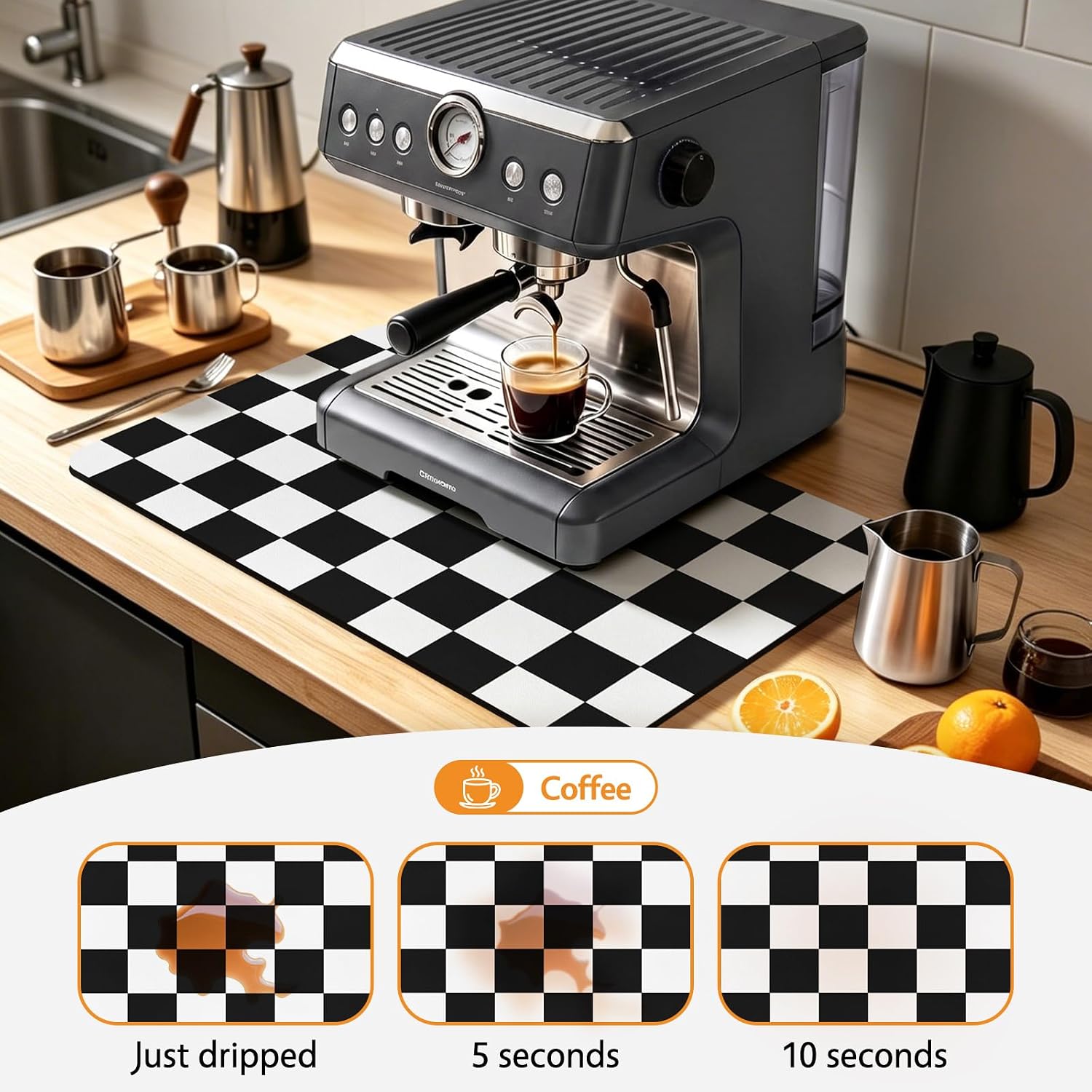 Checkered Dish Drying Mat for Kitchen Counter (Black, 24" x 16")