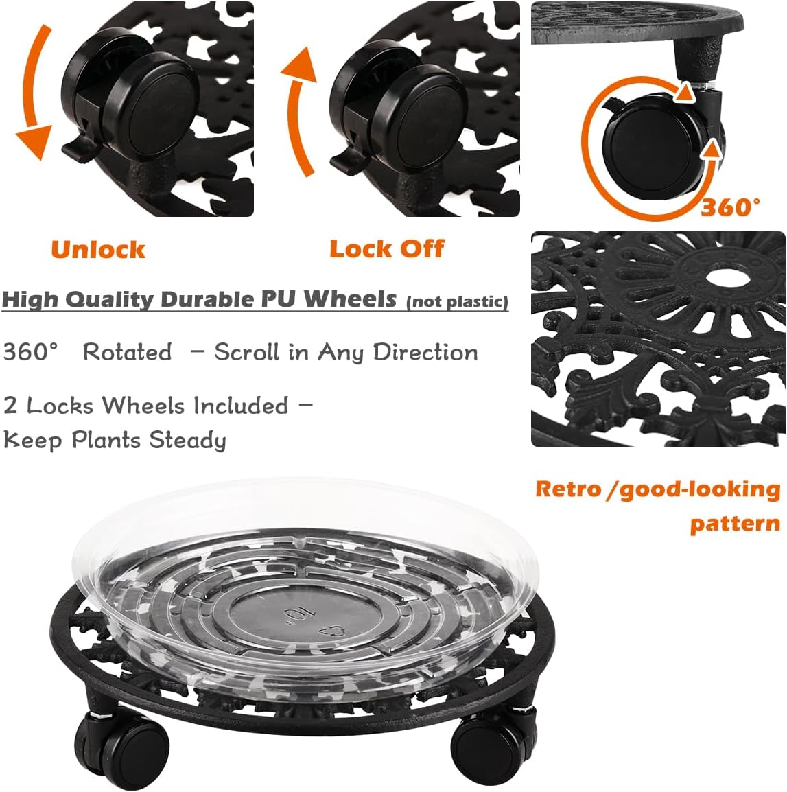 2 Pack Plant Caddy with Wheels, PlanterHoma 11 Inch Metal Plant Stand with Wheels Heavy Duty Wrought Iron Plant dolly Rolling Stand Plant Roller with Casters for Indoor and Outdoor with 2 Pack Plant Saucers