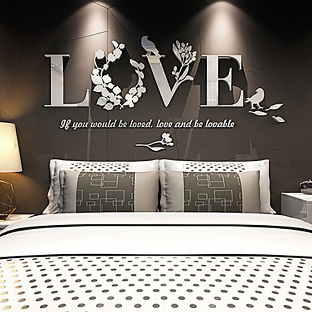 LEKUKY Wall Stickers,Modern Fashional 3D Mirror Leaf Love Vinyl Removable Art Acrylic Mirror Wall Sticker Home Decor for Living Room Bedroom (White)