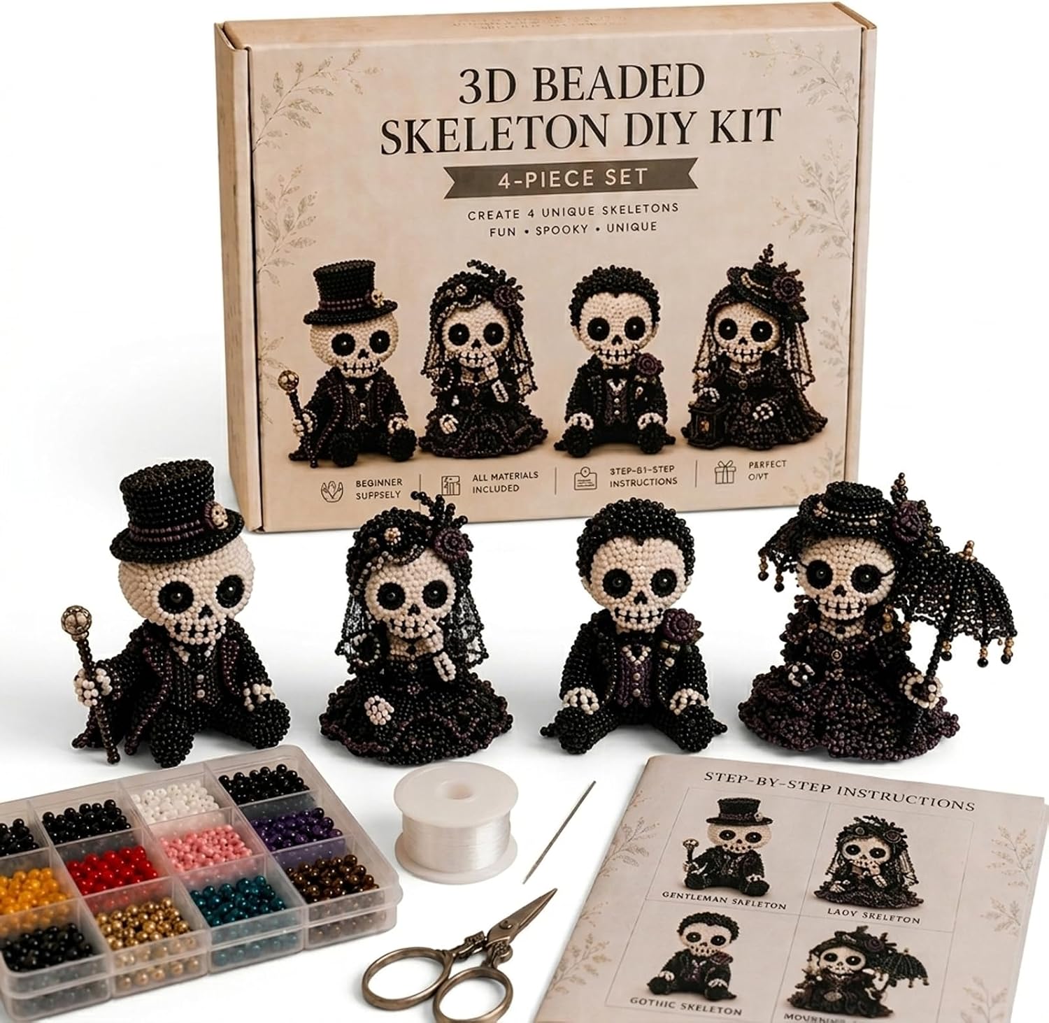 LPFKYT 3D Beaded Skeleton DIY Kit - 3D Beaded Animal Craft Set, Complete Bead Embroidery Kit with Instructions for Adults and Beginners, DIY Bead Animal Making Kit for Halloween Decor (D)