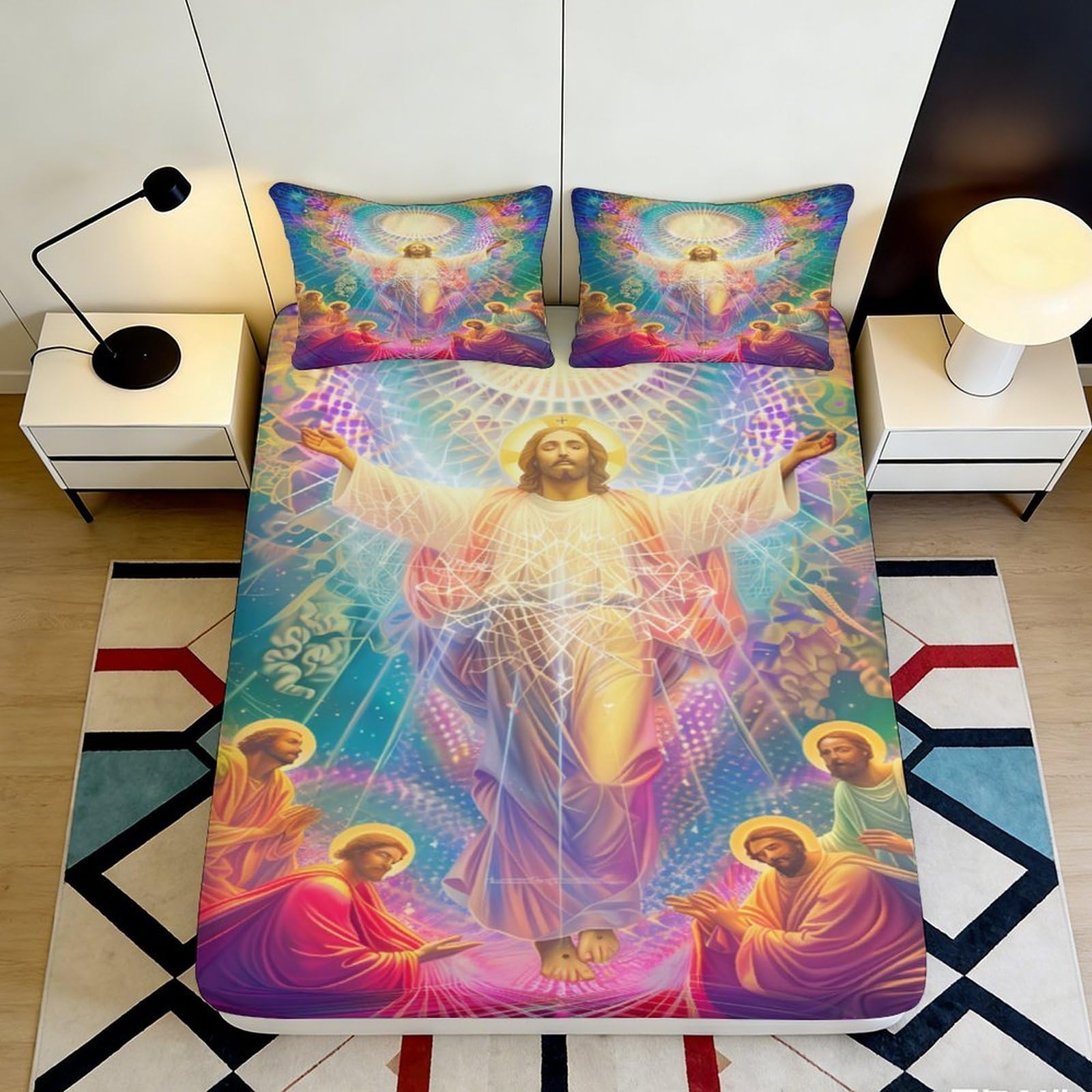3D Printed Resurrection Angel Fitted Sheet Microfiber Soft Religious Art Mattress Cover for Bedroom Home Dorm Décor 90x200x25cm