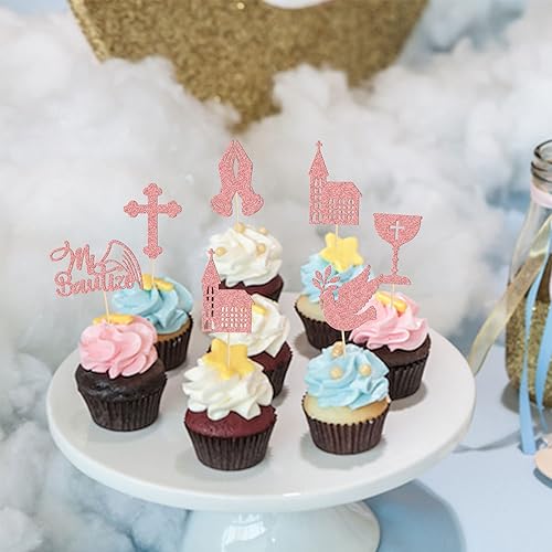 Miniatura 6 de Gyufise Paquete de 24 adornos para cupcakes españoles de oro rosa Mi Bautizo con purpurina con cruz de ángel, paloma, iglesia, bautismo, decoración