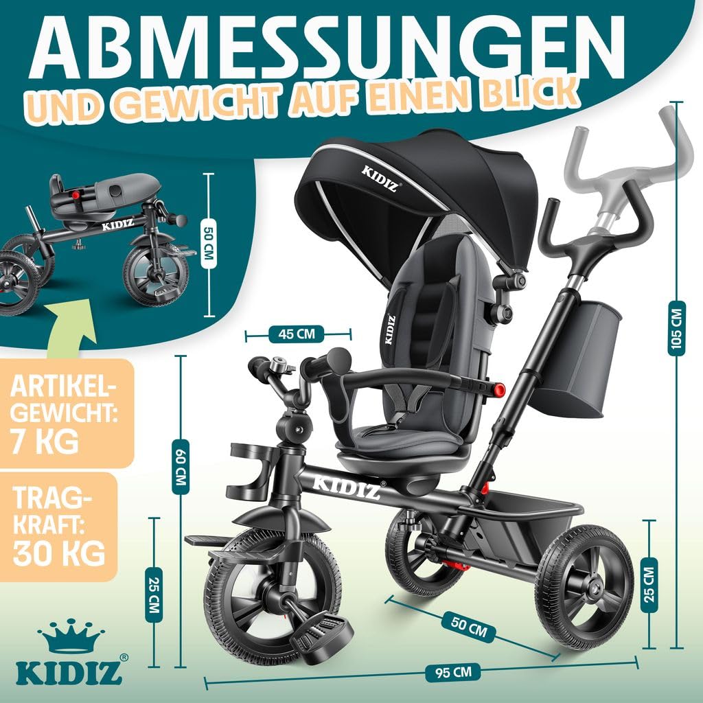 KIDIZ® Dreirad 6in1 Kinderdreirad mit Schubstange Lenkbar ab 9 Monaten bis 25Kg Jogger vorwärts & Rückwärtsfahrt, Korb Tasche Getränkehalter Sonnendach Gummiräder Buggy Fahrrad Baby Klappbar Schwarz