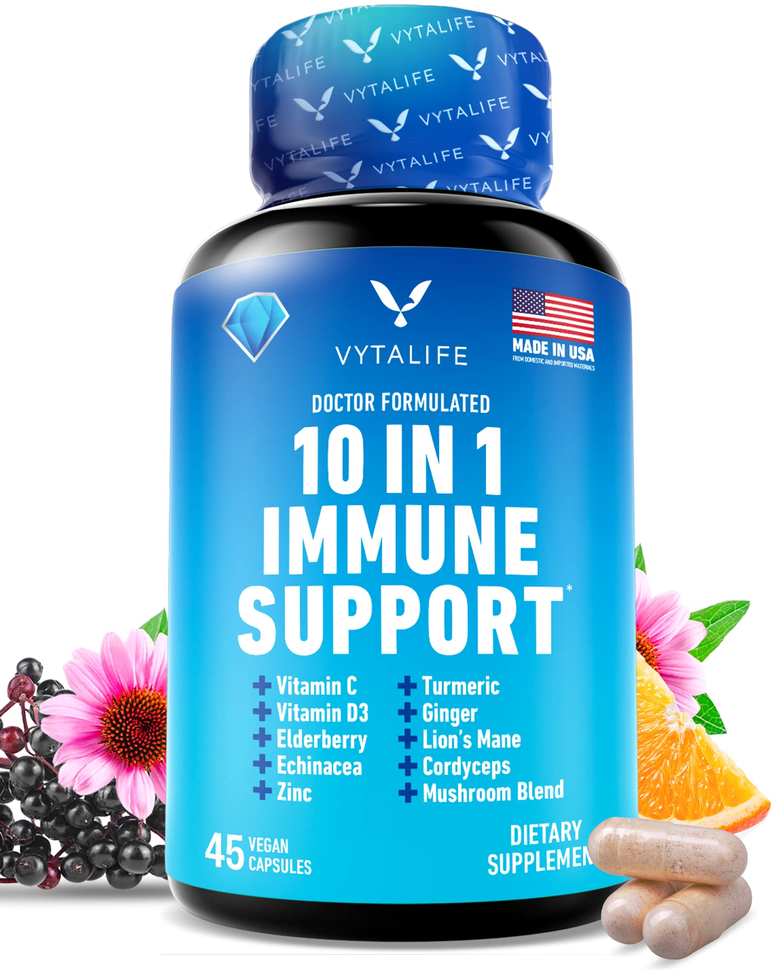 Immune Support Supplement with Echinacea Capsules & Elderberry with Zinc and Vitamin C for Adults - Elderberry Capsules Immune Boosters for Adults, Immunity Vitamins, Immunity Supplement 45-Day Supply