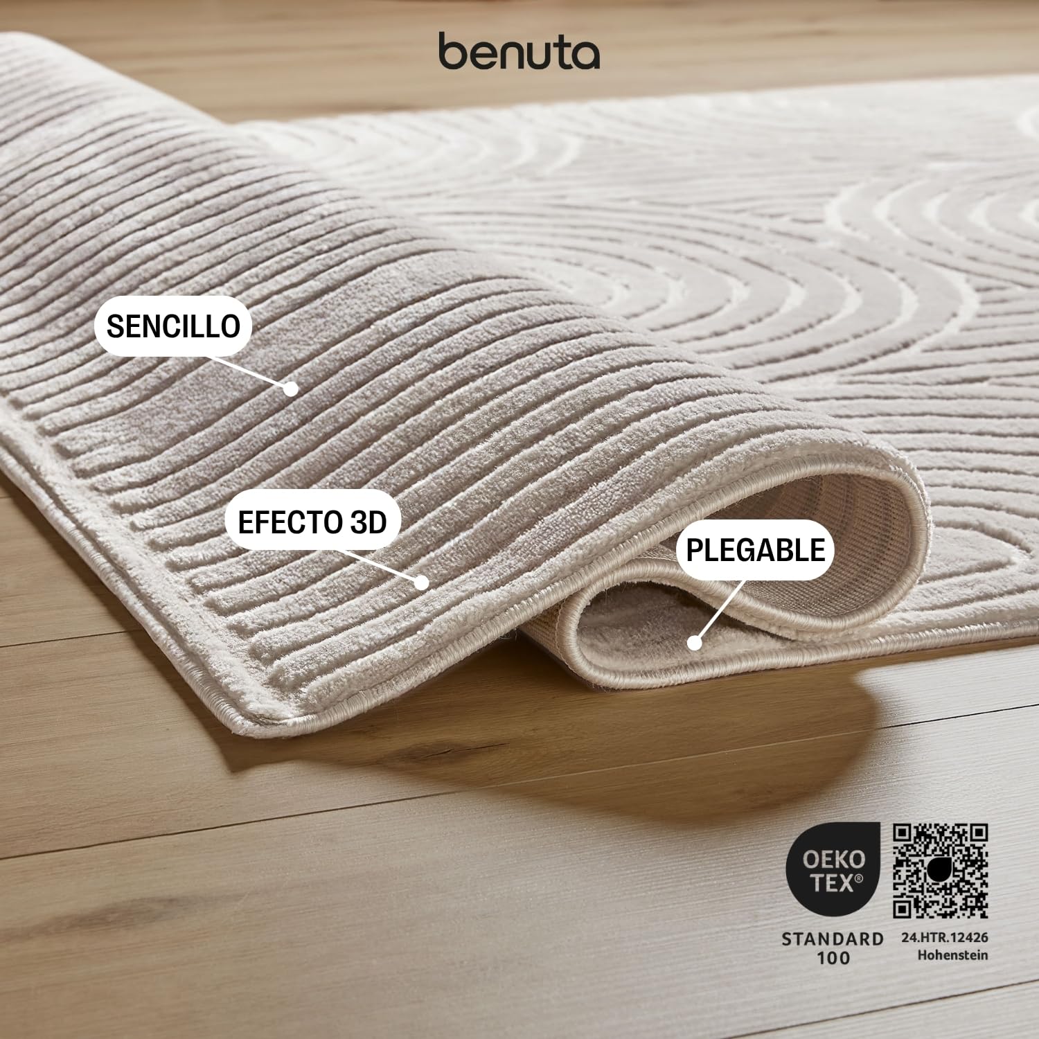 benuta Basic Alfombra Salon Claire - Crema 160x230 cm - Minimalista para Dormitorio, Sala de Estar en Estilo Retro geométrico - Fácil de Limpiar - Apta para Suelos radiantes