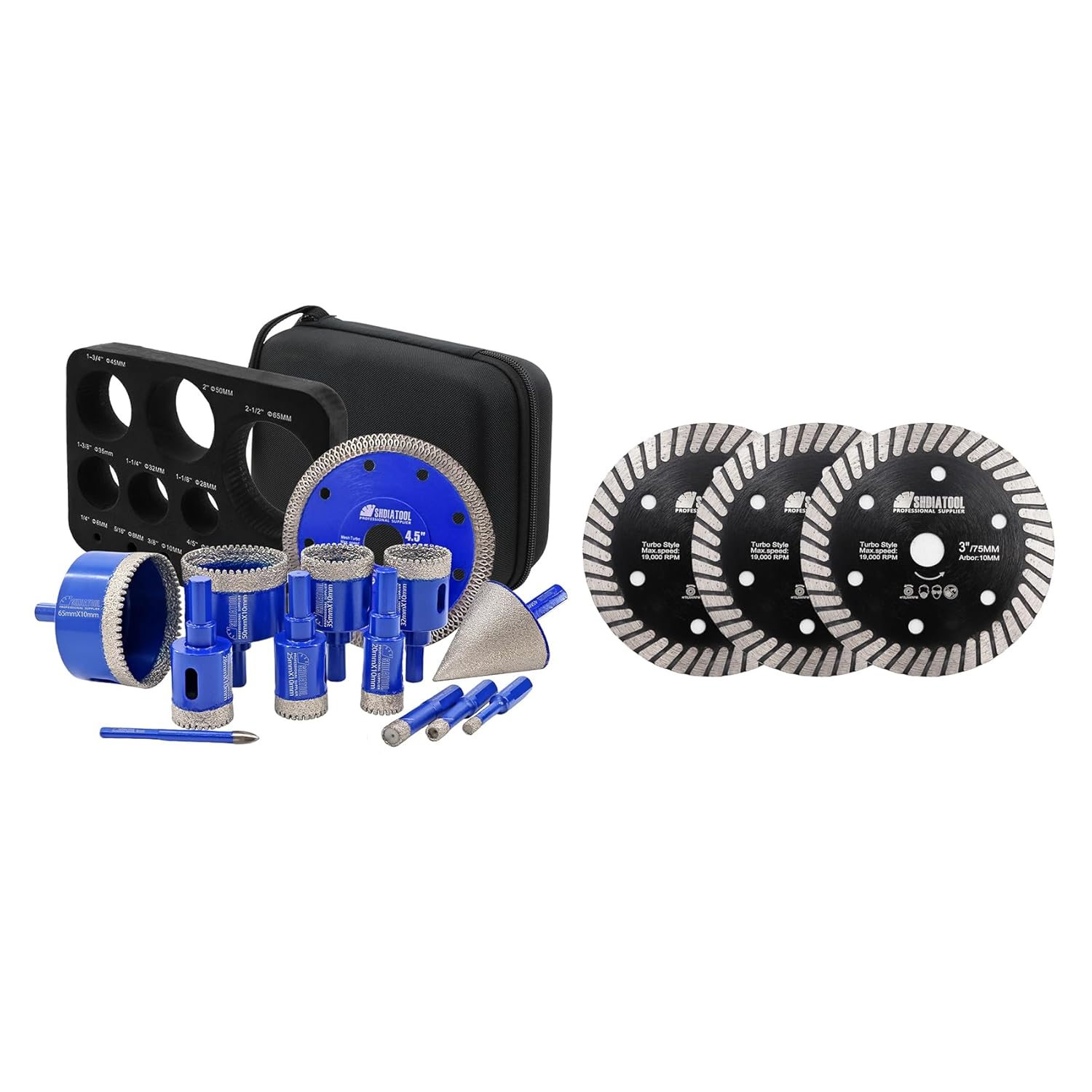 SHDIATOOL Diamond Drill Bits Kit - Core Bits Hole Saw Sets,Mould Guide for Drilling Porcelain Tile Marble Ceramic Granite with Hollow EVA Guide Jig 13pcs(6/8/10/20/25/28/32/35/50/65/1-3/4in+4.5in+6mm)