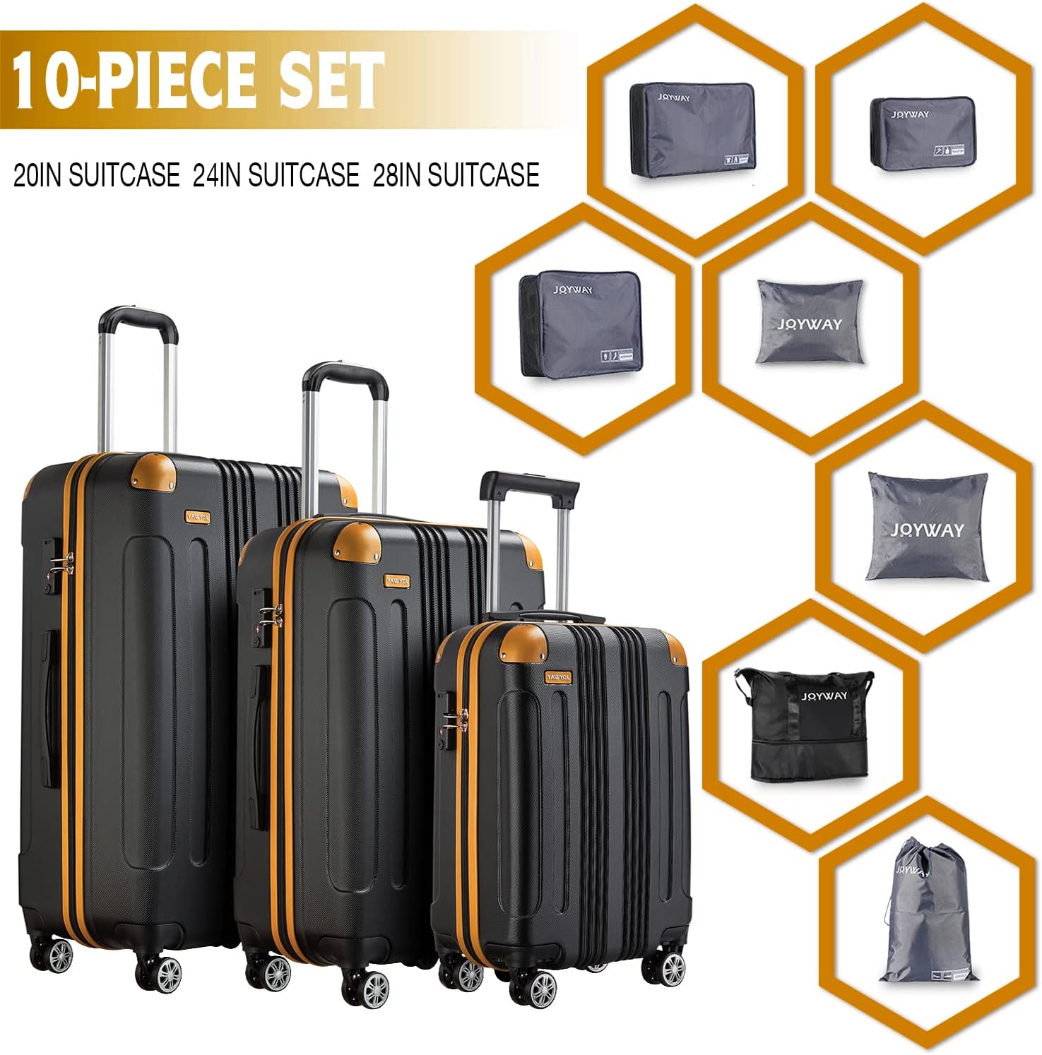 review Joyway Luggage Sets Clearance 3 Piece Hardshell Lightweight With Spinner Wheels,20 24 28 Inch Suitcase With TSA Lock For Women Travel(black&orange)