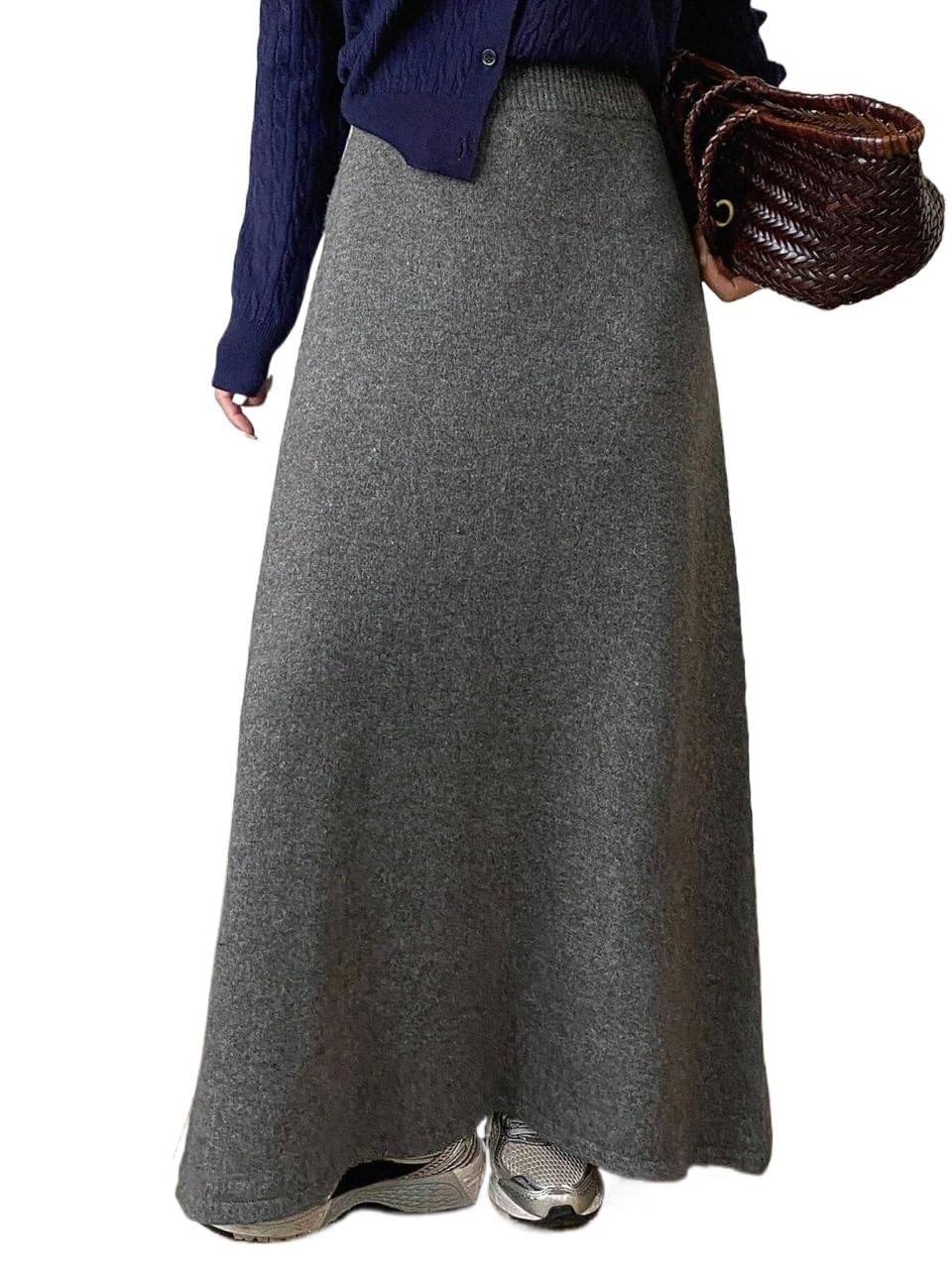 Solid Color Elastic Waist Casual Knit Midi Skirt Womens Basic Versatile Trendy Skirt