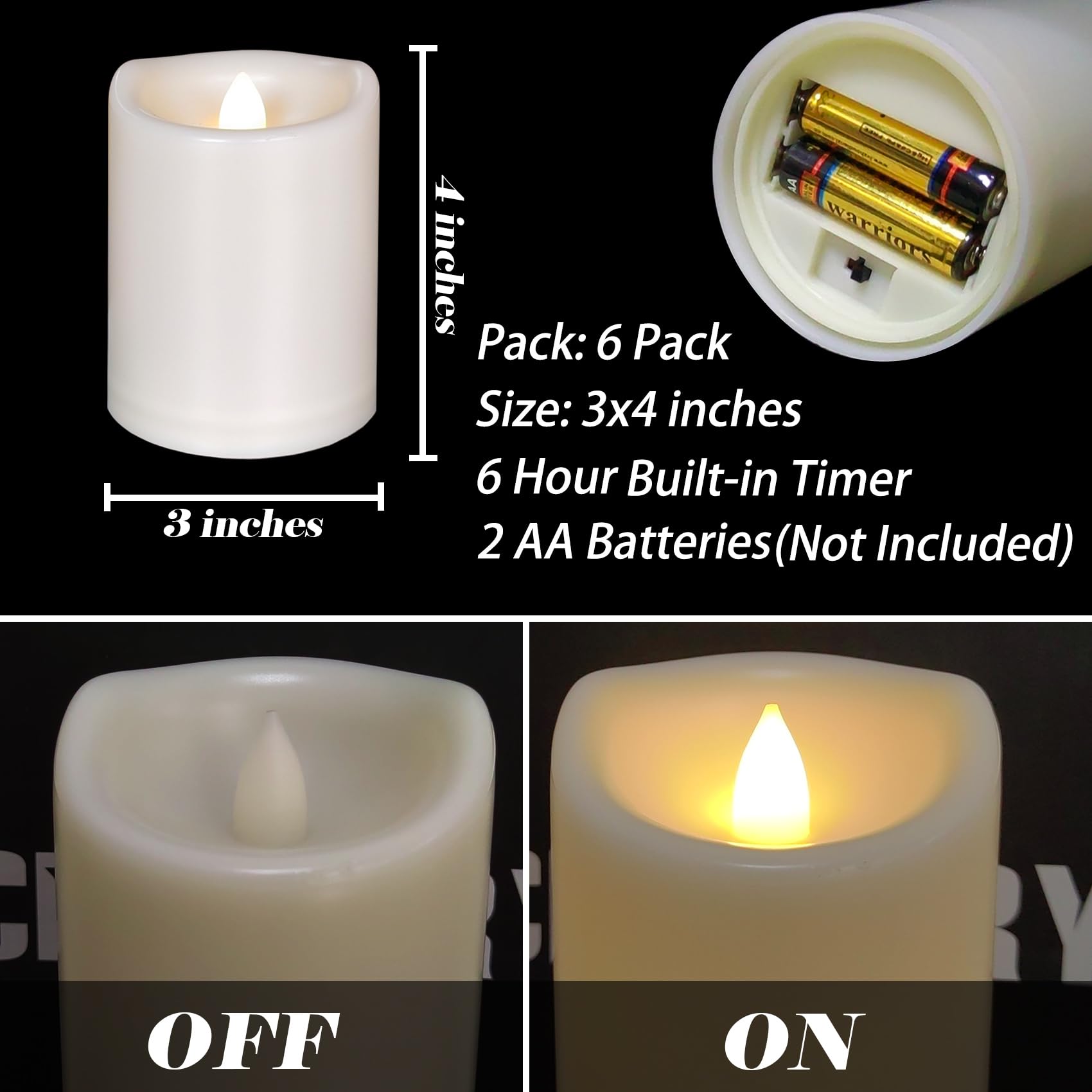 Paquete de 6 velas para exteriores que funcionan con pilas con temporizador (3 x 4 pulgadas), impermeables, sin llama, velas de plástico LED falsas para decoración de Halloween, Navidad, farol