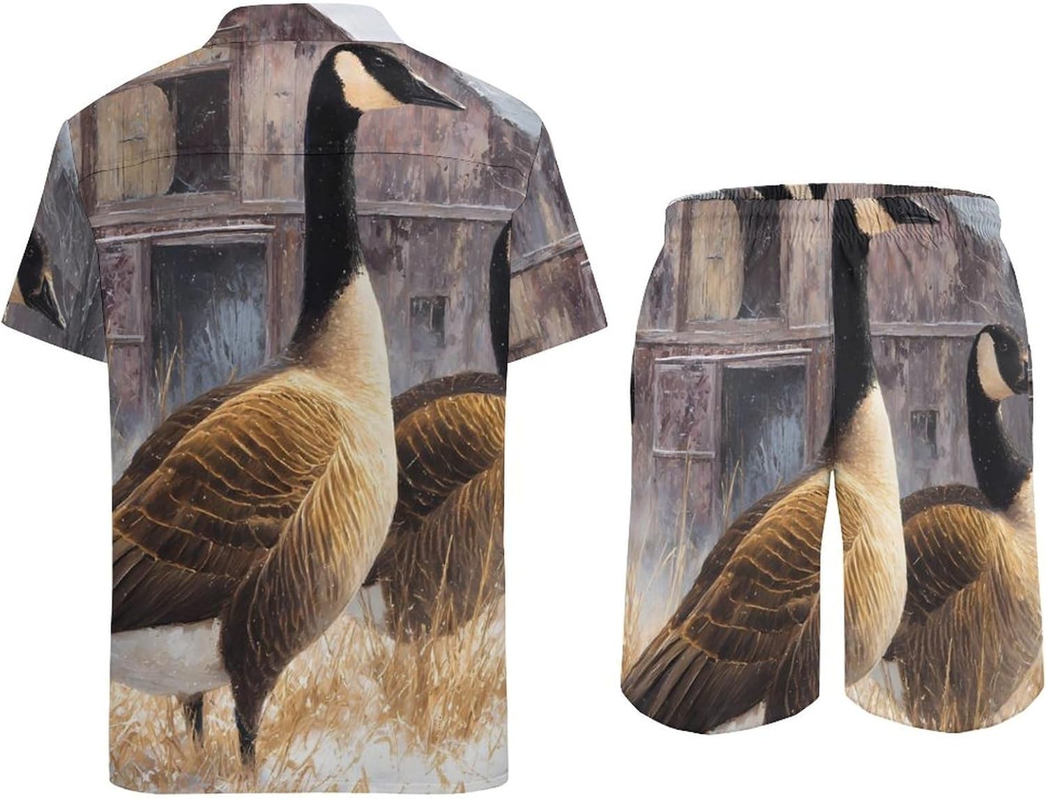 Geese Winter Barn Snowy Scene Men's Summer Beach 2 Piece Outfits | hawaiian button down shirt and shorts,vacation cruise,mens bathing suit