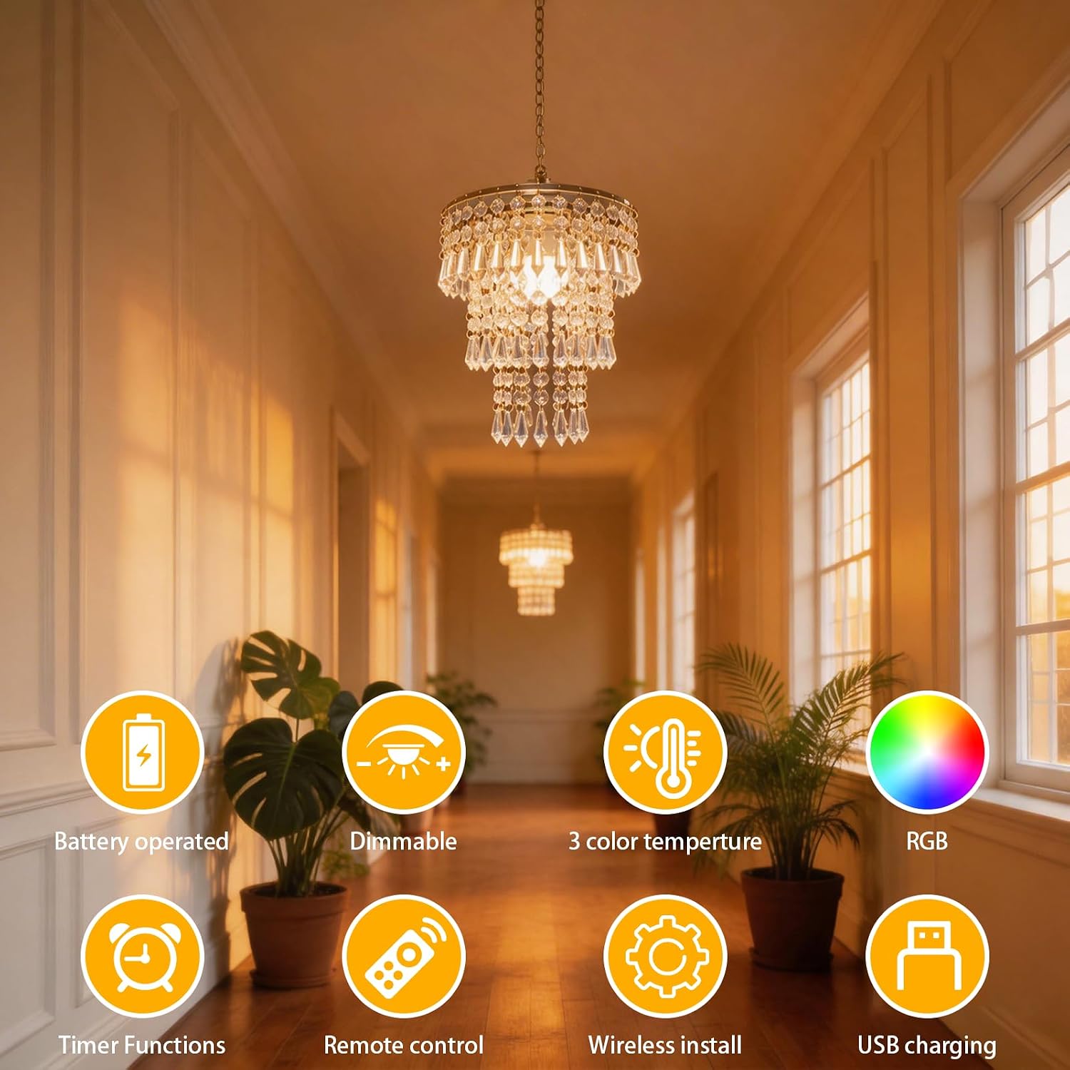 Battery Operated Chandelier 2 Pack, 3-Tier Rechargeable Pendant Light with Remote, 5000mAh RGB Dimmable No Wiring Acrylic Crystal Cascading Hanging Lamp for Indoor Outdoor Patio Gazebo Bedroom Ceiling