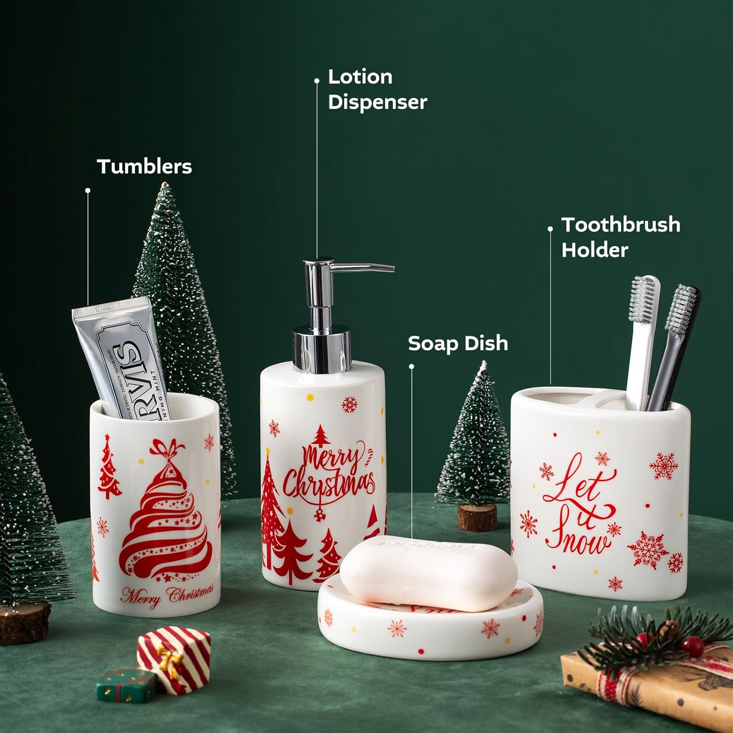 Christmas Bathroom Accessories Set, 7-Piece Ceramic Bathroom Accessory Set Include Lotion Dispenser, Toothbrush Holder Tumbler, and Soap Dish