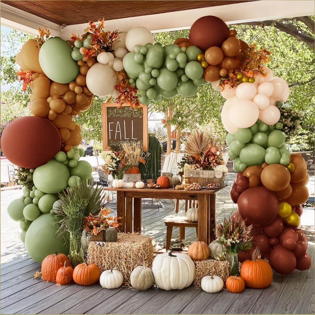 Brown Green Orange Double Stuffed Balloon Garland Different Sizes 18In 12In 5In White Sand Avocado Green Balloon Arch Kit For Baby Shower Wedding Gender Reveal Birthday Party Decorations