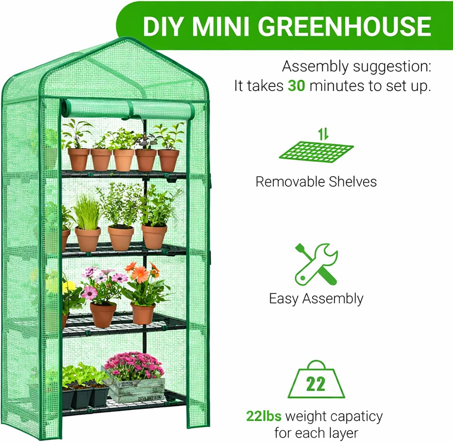 Mini Greenhouse for Indoor Outdoor, Small Plastic Plant Green House with PE Cover and Roll-Up Zipper Door, 4 Tier Reusable Portable Greenhouse for Seedling, 27 x 19 x 62 in