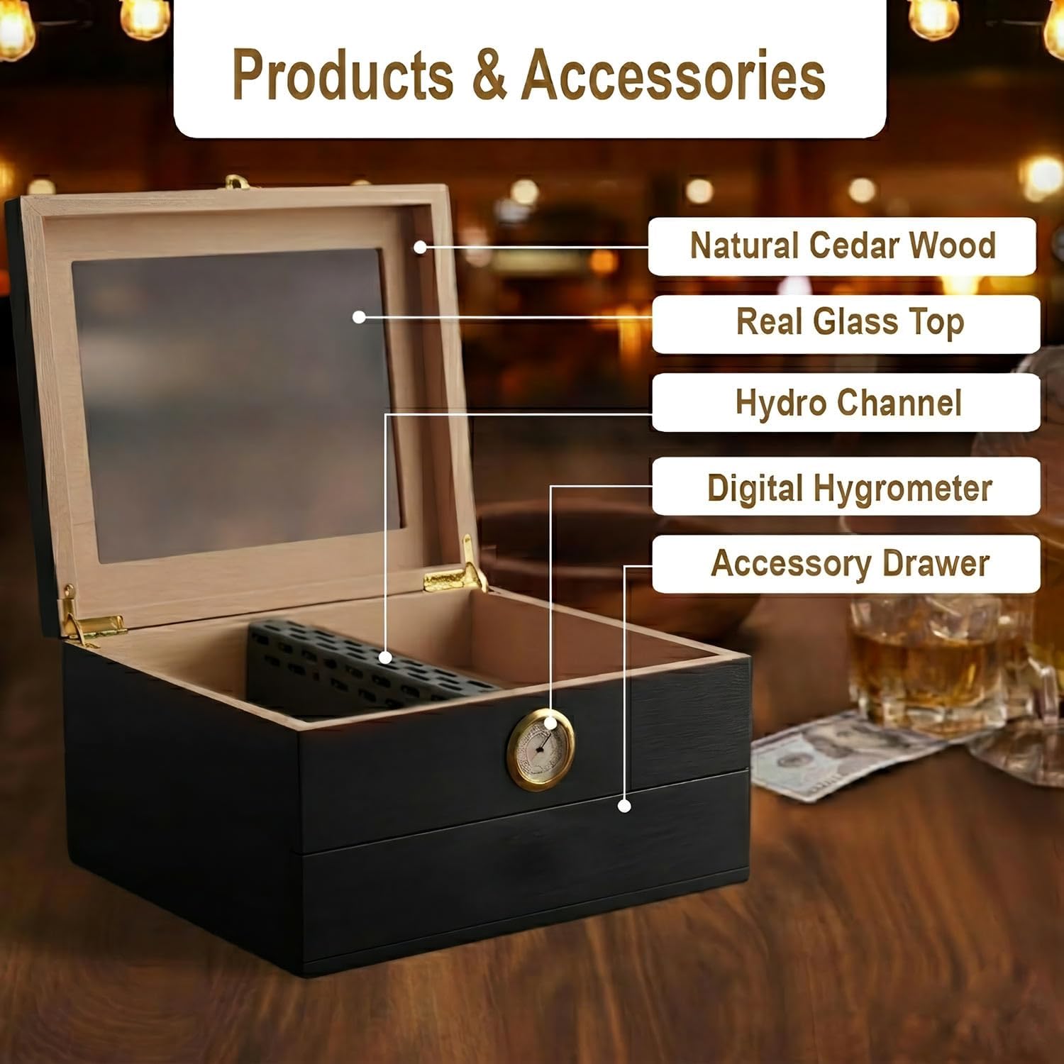 Handcrafted Pine Wood Cigar Humidor-2-Layer Large Cigar Box with Accessory Drawer & Digital Hygrometer-Real Glass Display Top, Cedar Interior-Premium Desktop Humidor for Men & Collectors image 3