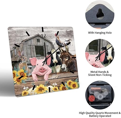 Miniatura 5 de Reloj de pared de madera de cerdo de oveja, gallo, cerdo, vaca, de 15 pulgadas, reloj de pared de madera estilo toscano silencioso, funciona