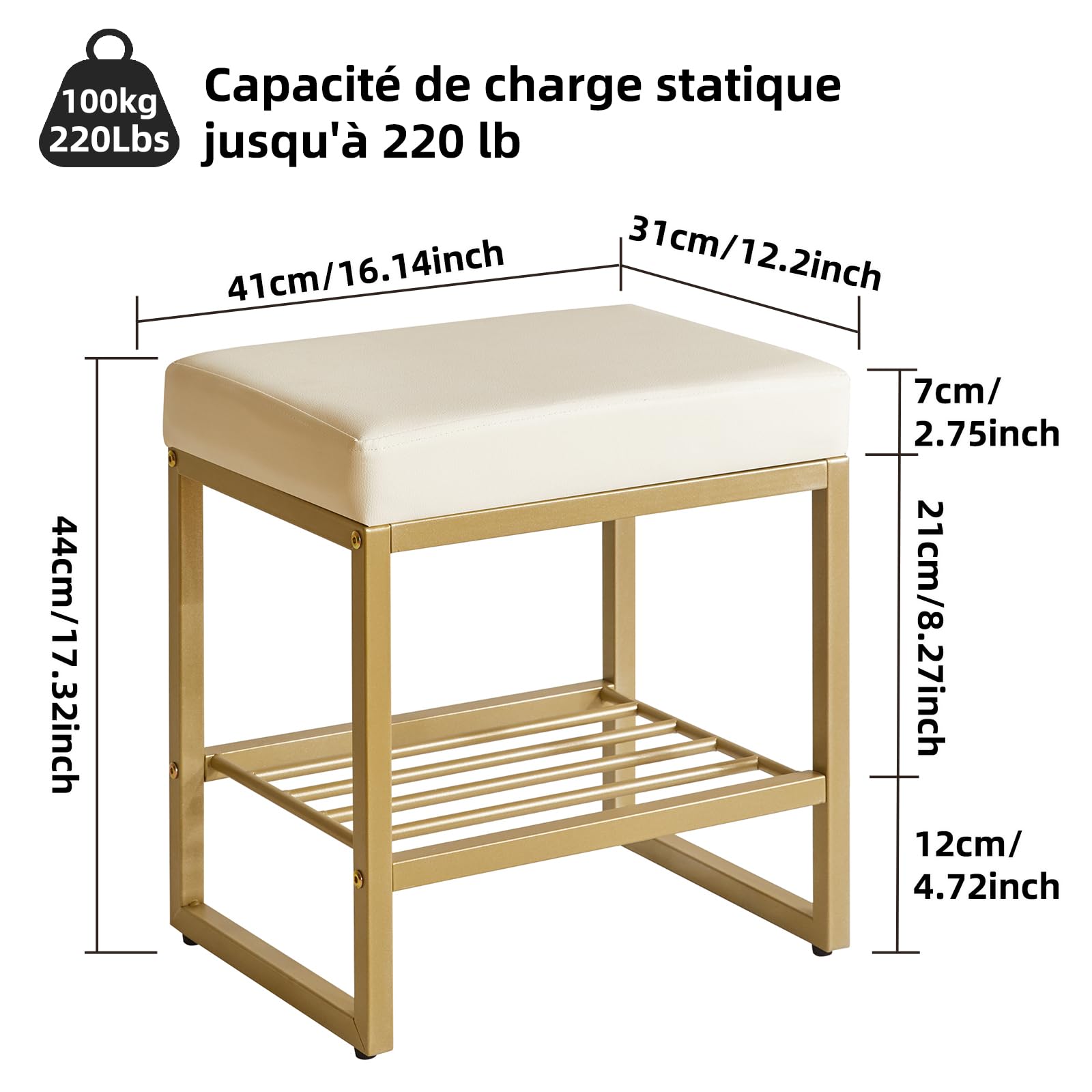 Aibiju Tabouret de Coiffeuse Carré, Tabouret de Coiffeuse et Espace de Rangement, Petit Banc de Maquillage pour Coiffeuse, Chambre à Coucher, Salon, Blanc avec Métal Doré YD-JD150W
