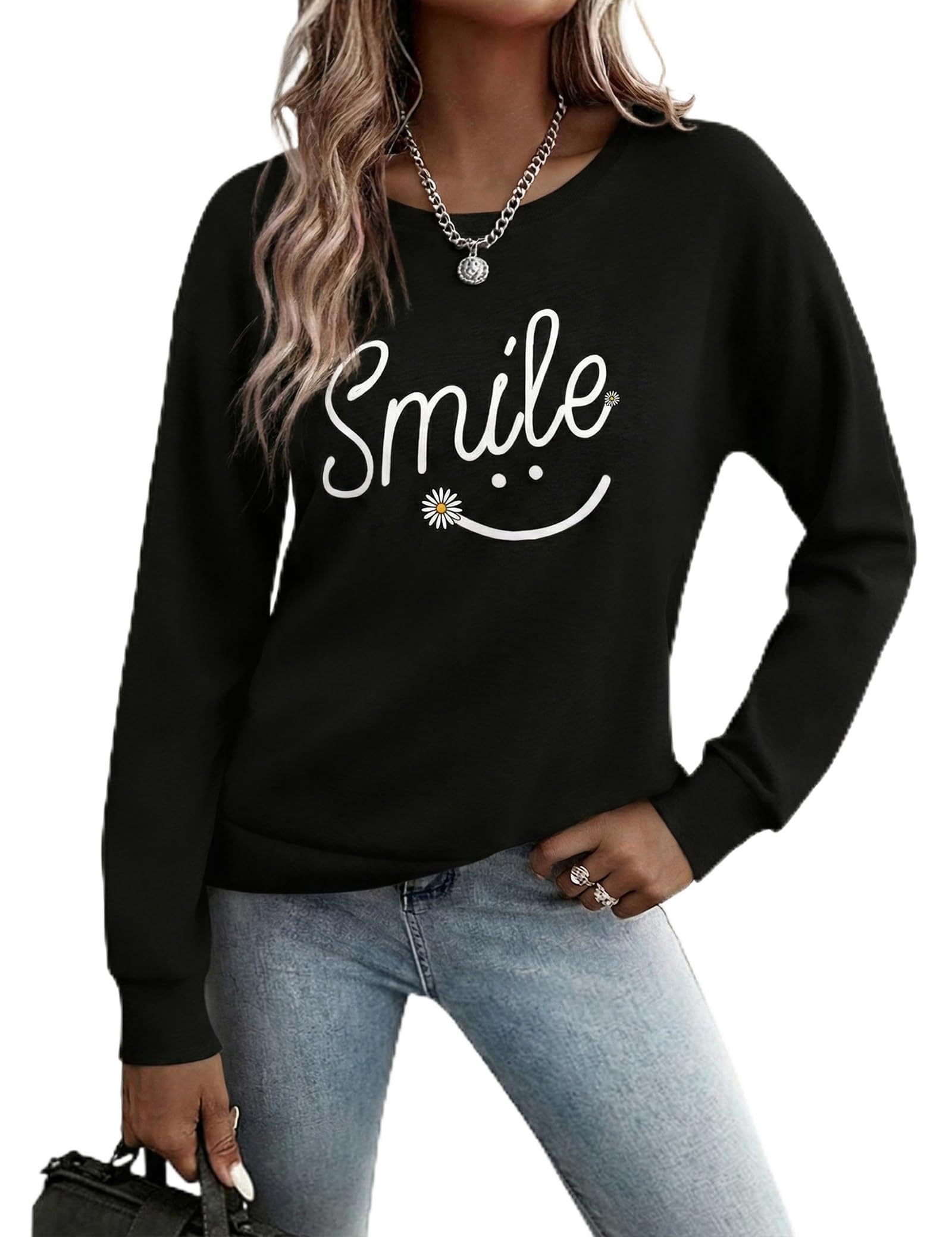 Gyabnw Damen Sweatshirt Pullover ohne Kapuze Basic Langarmshirt Rundhals Oberteil Casual Sport Streetwear Frühling Herbst