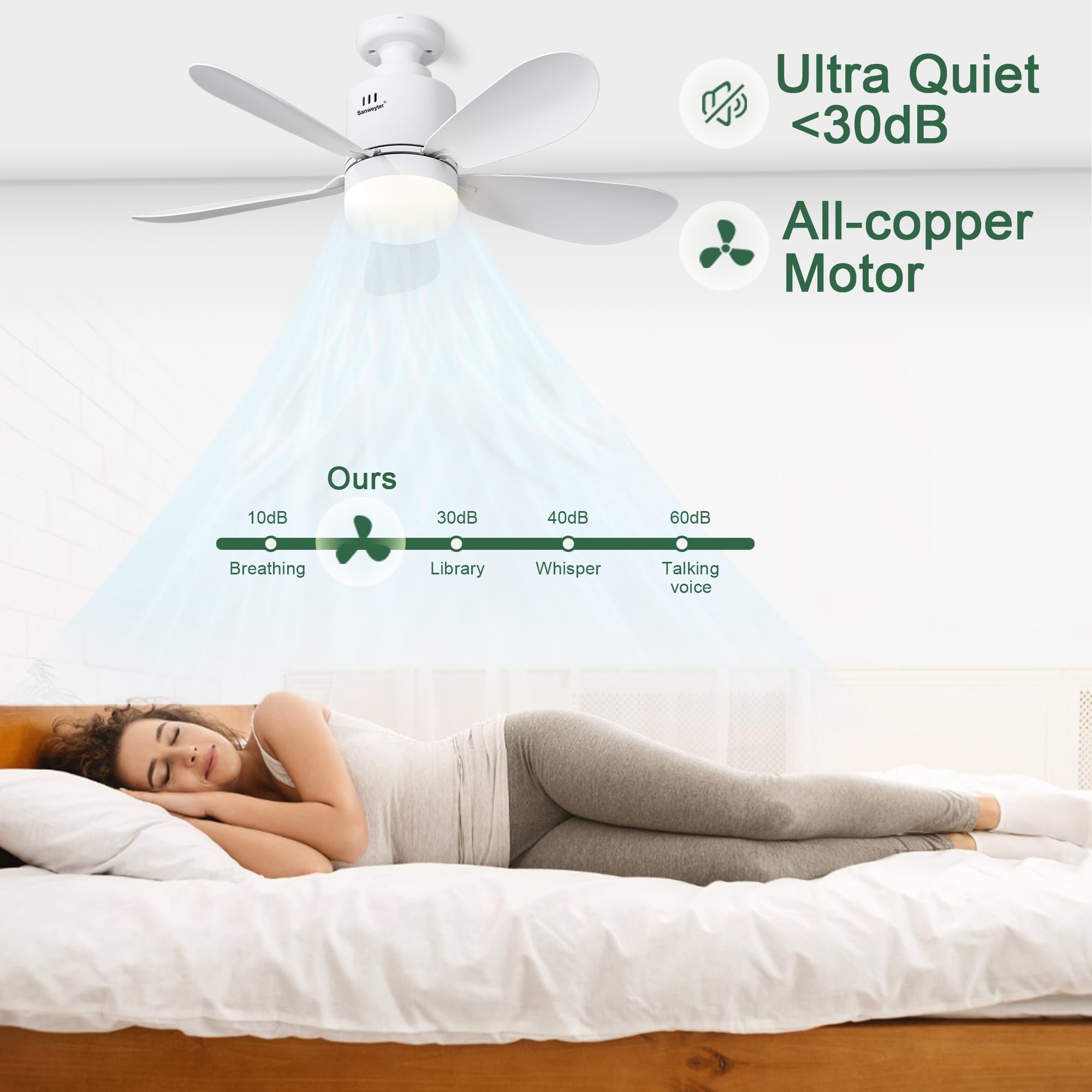 Sanweyter Ventilatore da Soffitto con Luce e Telecomando, 53cm Lampadario con Ventilatore da Soffitto 24W E27 Plafoniera Led Soffitto Silenziosa,4 Velocità per Camera da Letto, Cucina, Soggiorno