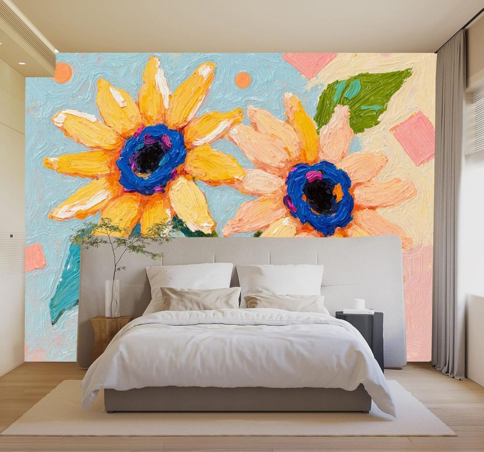 3D Carta da Parati Vaso Blu Girasoli Dai Colori Vivaci Astratto Dipinto