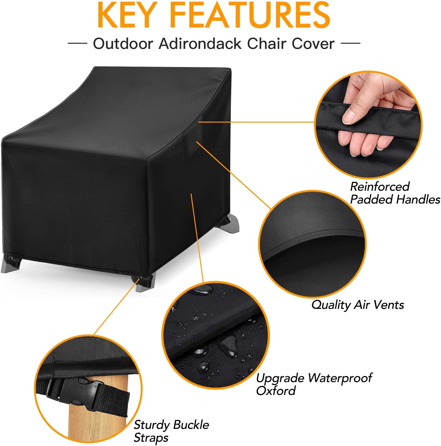 WLEAFJ Adirondack Chair Covers - Waterproof Heavy Duty, Patio Rocking Chair Covers for Outdoor Furniture, Black - 2 Pack - 32" W x 34" D x 36" H