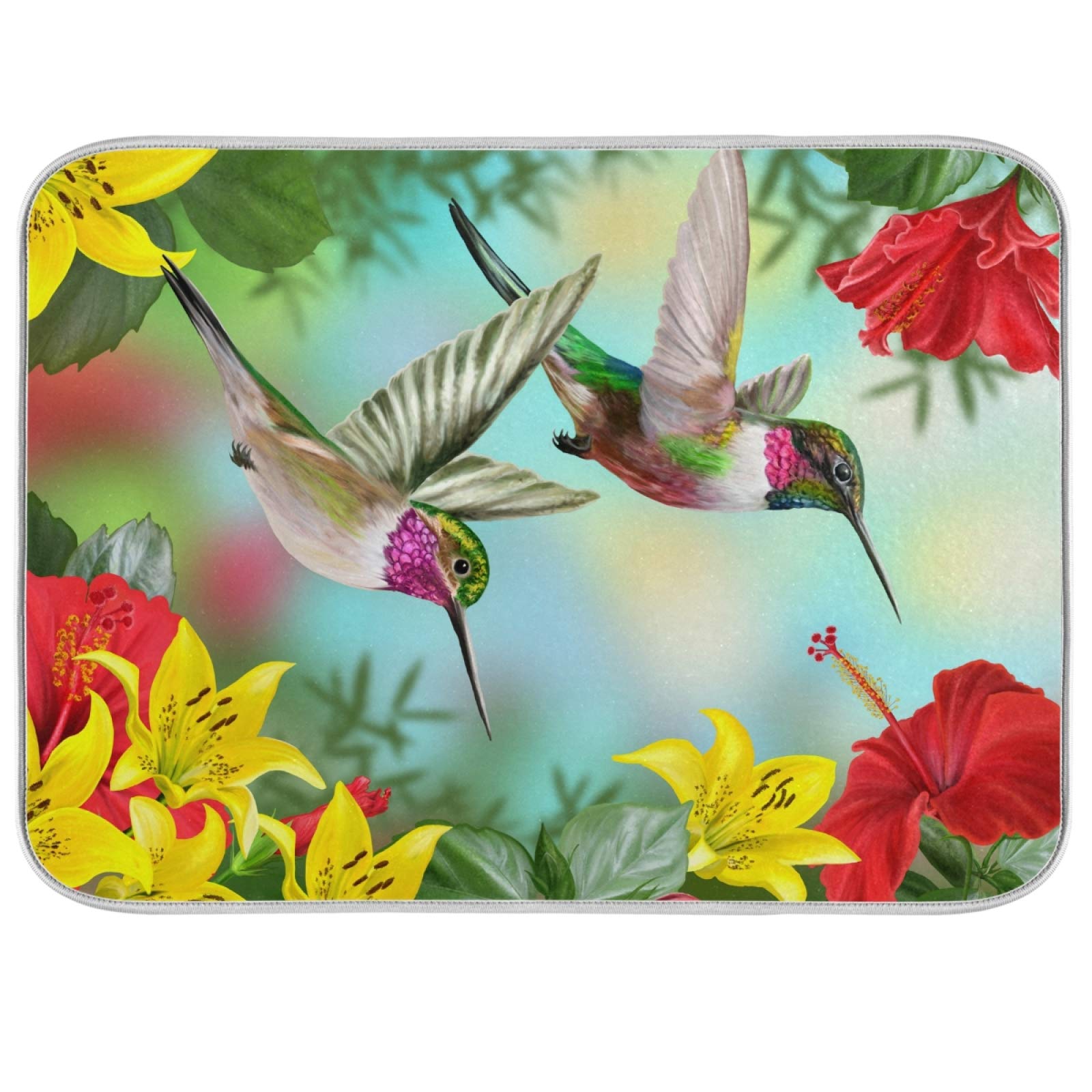 Polyester Dish Drying Mat Hummingbird Drying Mat for Kitchen Counter 24 x 18 inch Dish Dry Mat Absorbent Pad with Hanging Loop