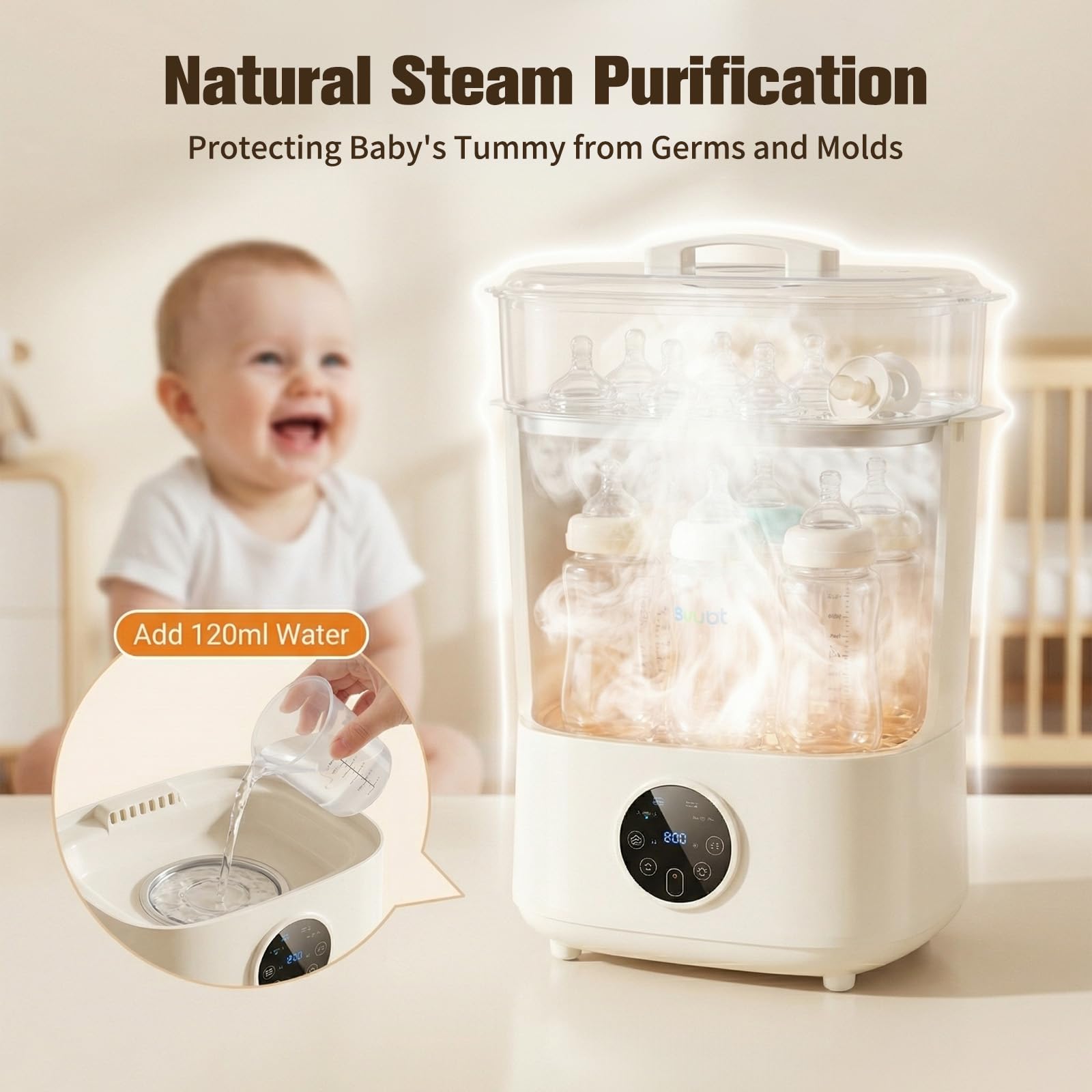 Sterilisator und Trockner für Babyflaschen, 4-in-1 Elektrischer Dampfsterilisator für Flaschen, Milchpumpen-Zubehör, Schnuller, Große Kapazität für 5-8 Flaschen, Automatische Abschaltung
