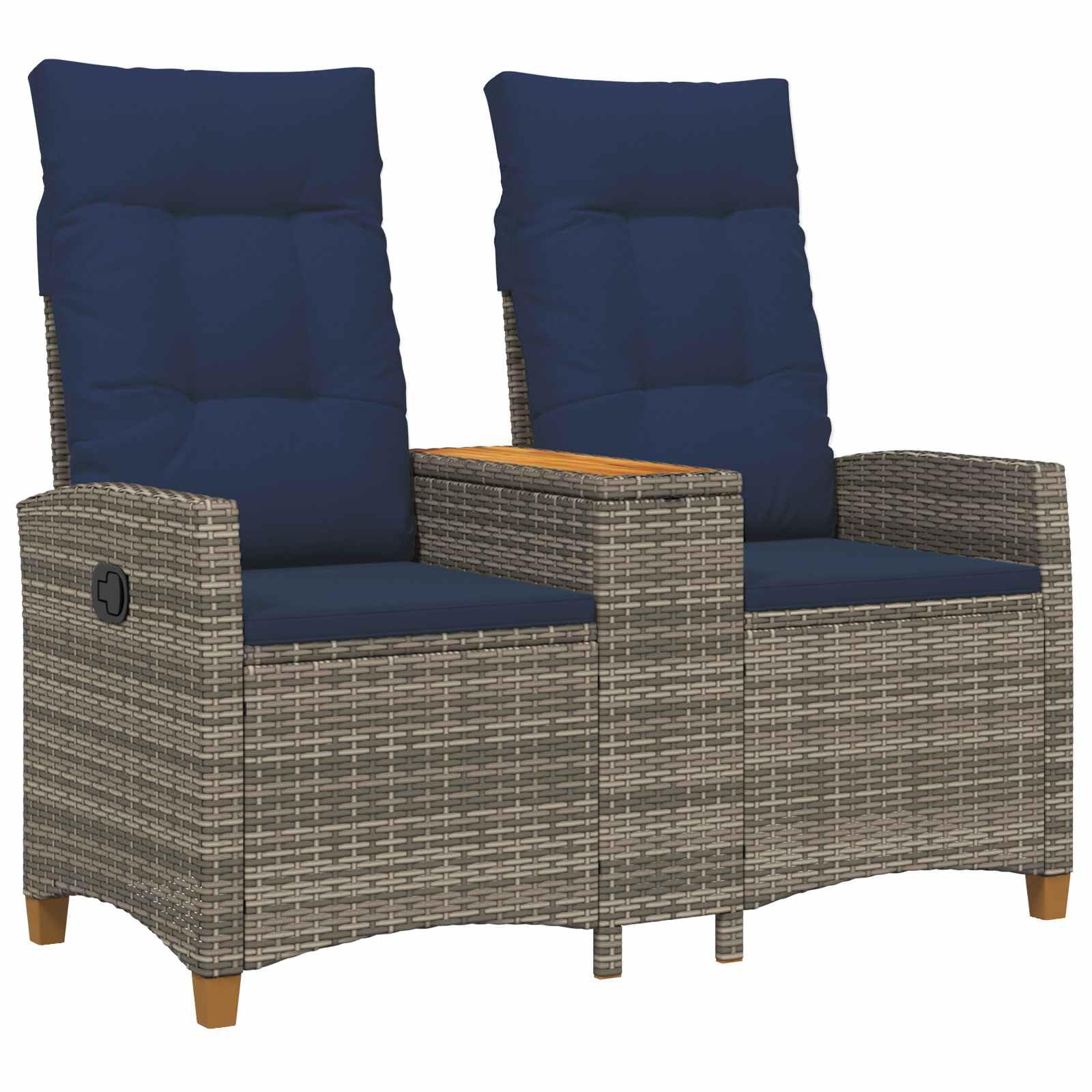 Gartenbank mit integriertem Tisch, Rattan-Optik Sitzbank mit Verstellbarer Rückenlehne, Poly-Rattan Liegebank für Terrasse und Garten, Grau und Marineblau, 126 x 65 x 112 cm